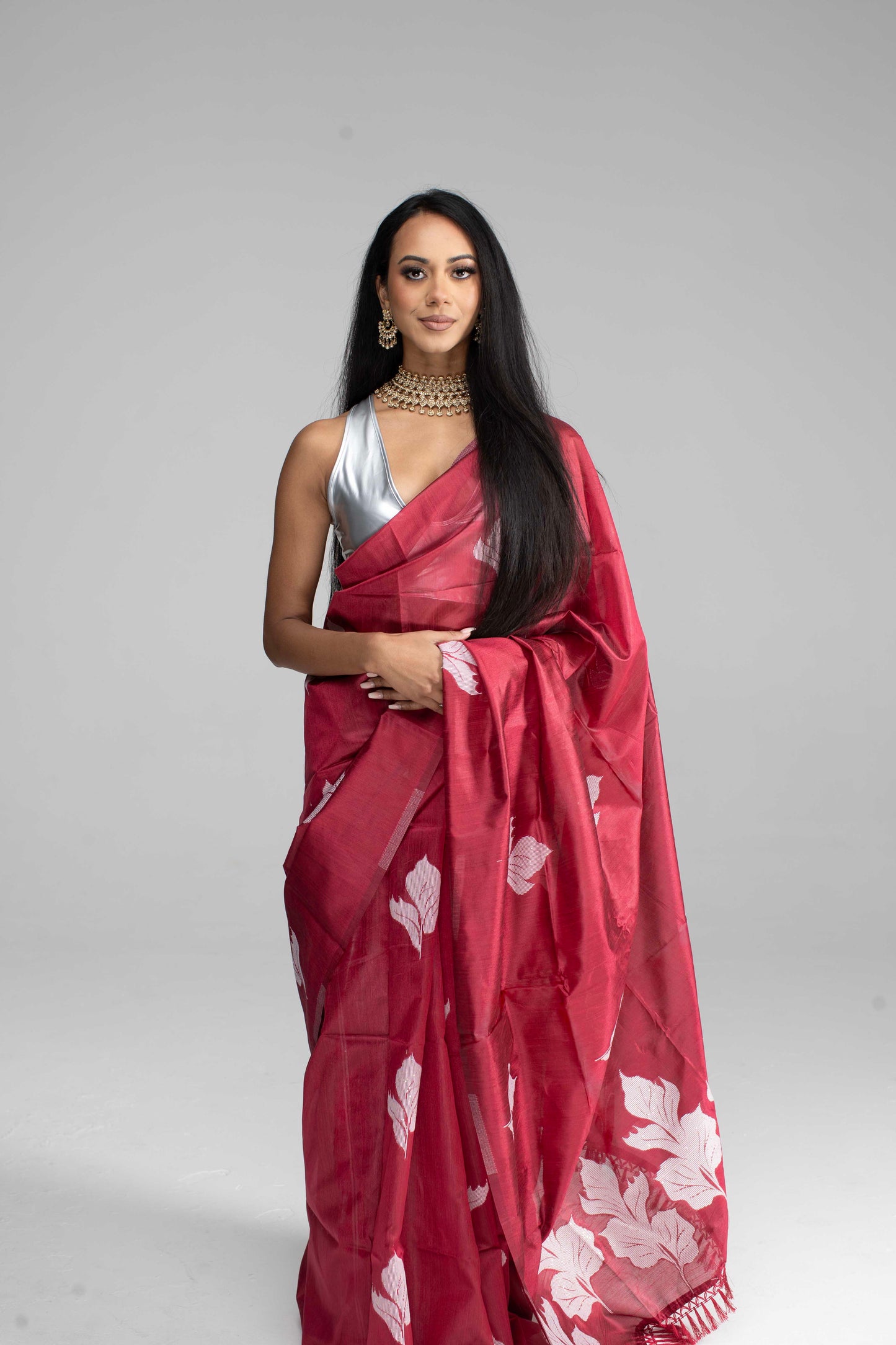 Maroon Cotton Saree with White Leaf Motif