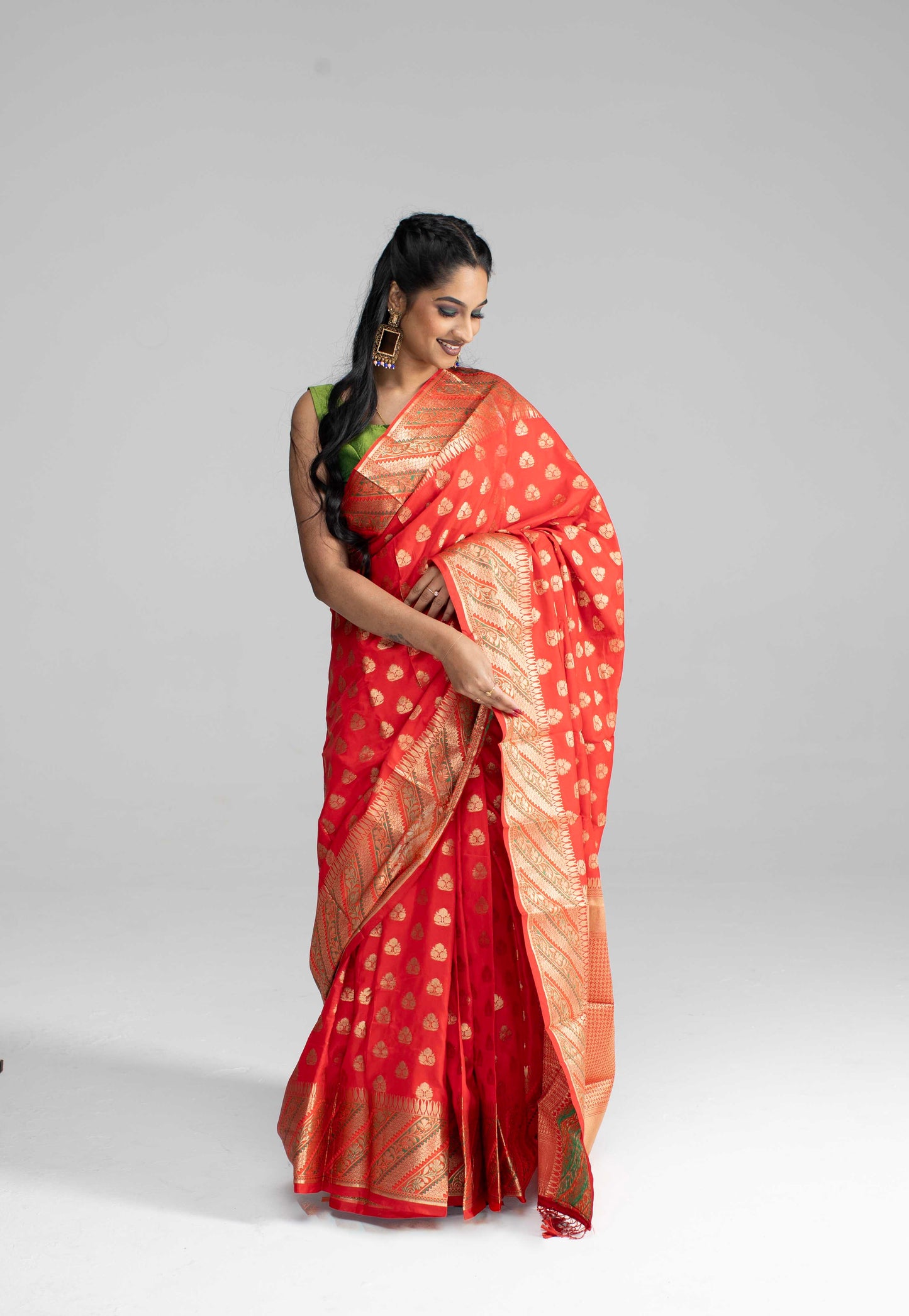 Red silk saree with striped border