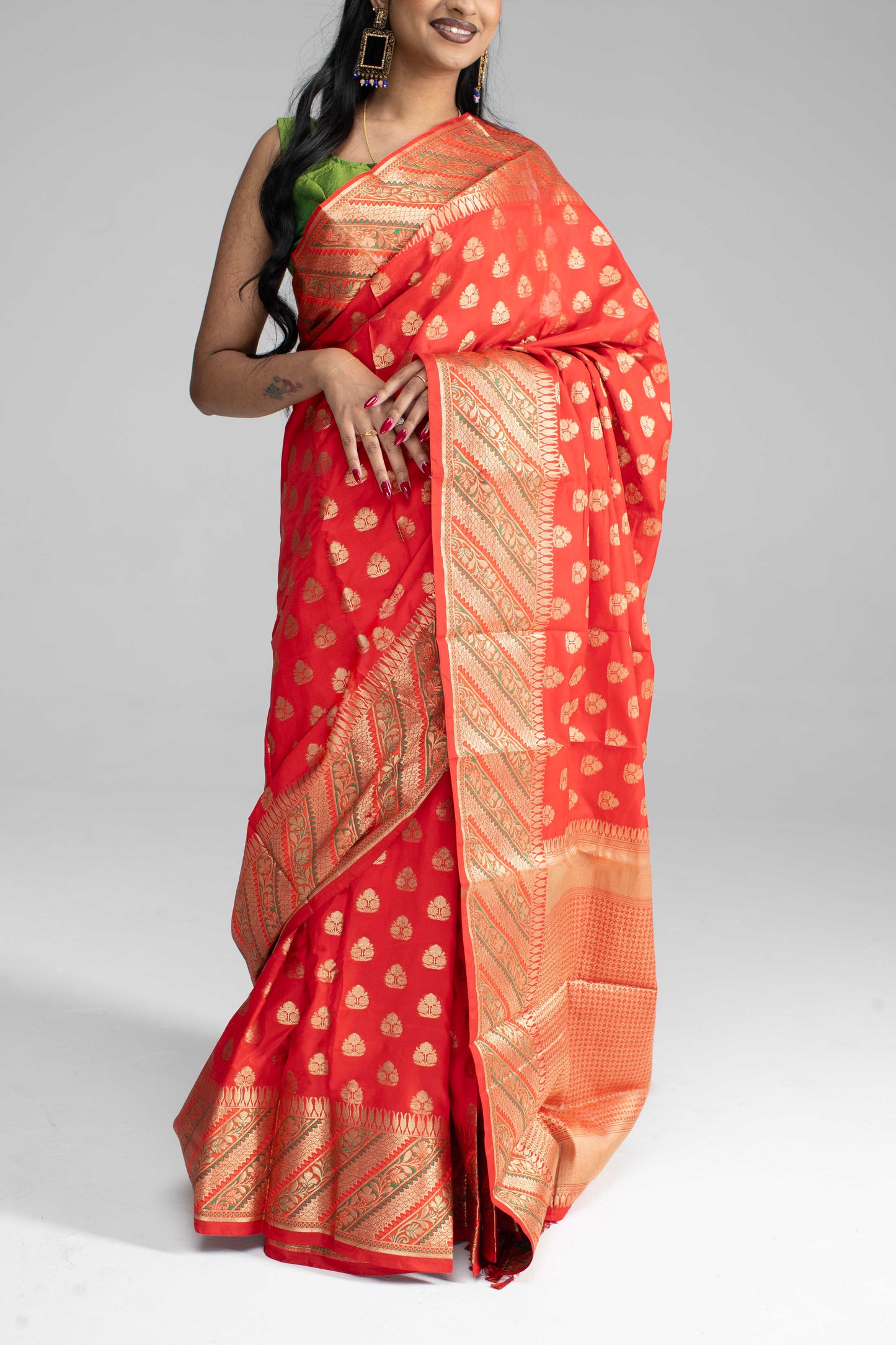 Red silk saree with striped border