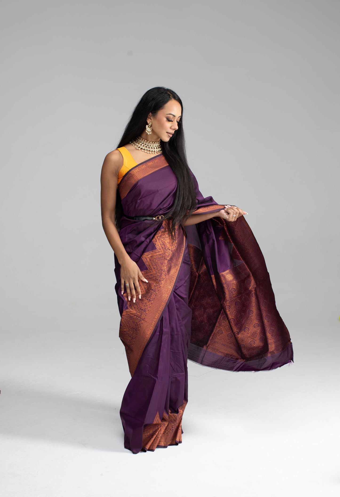 Purple saree with copper Jari