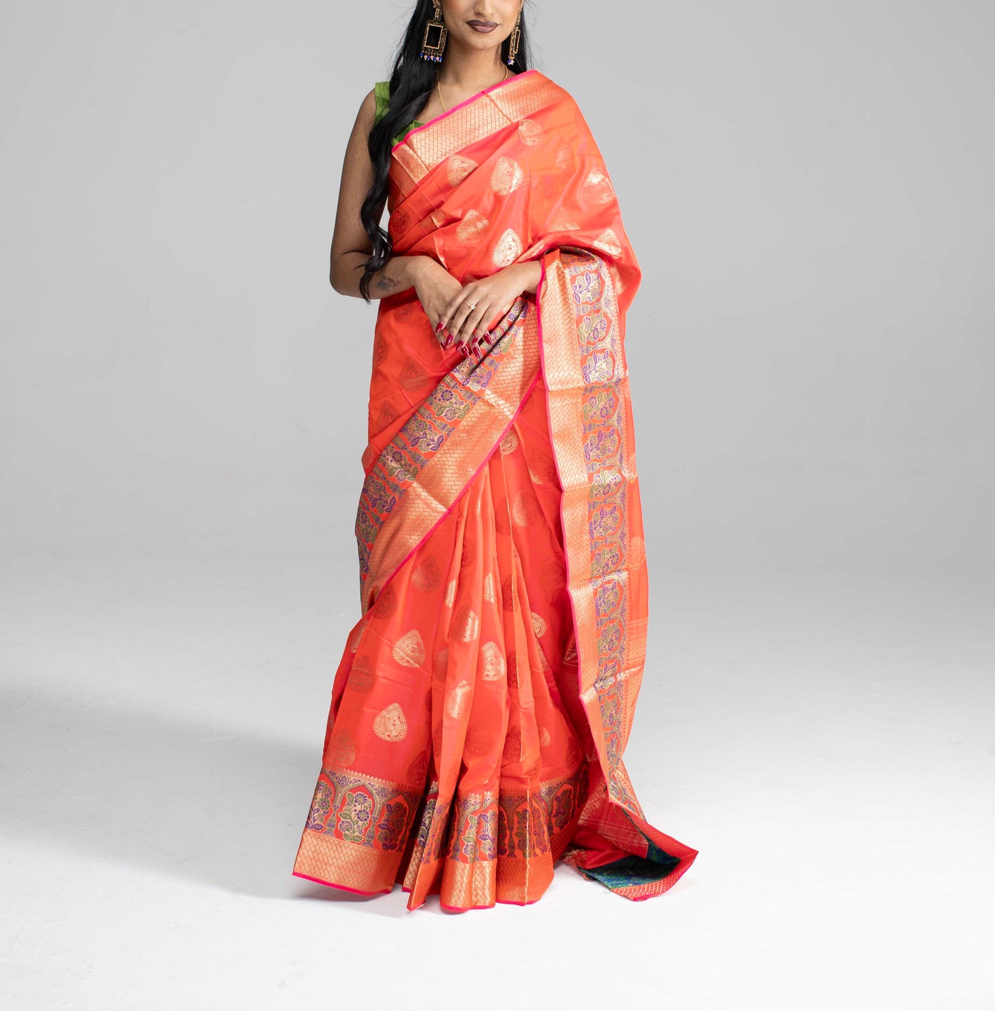 Peach silk saree with rich border