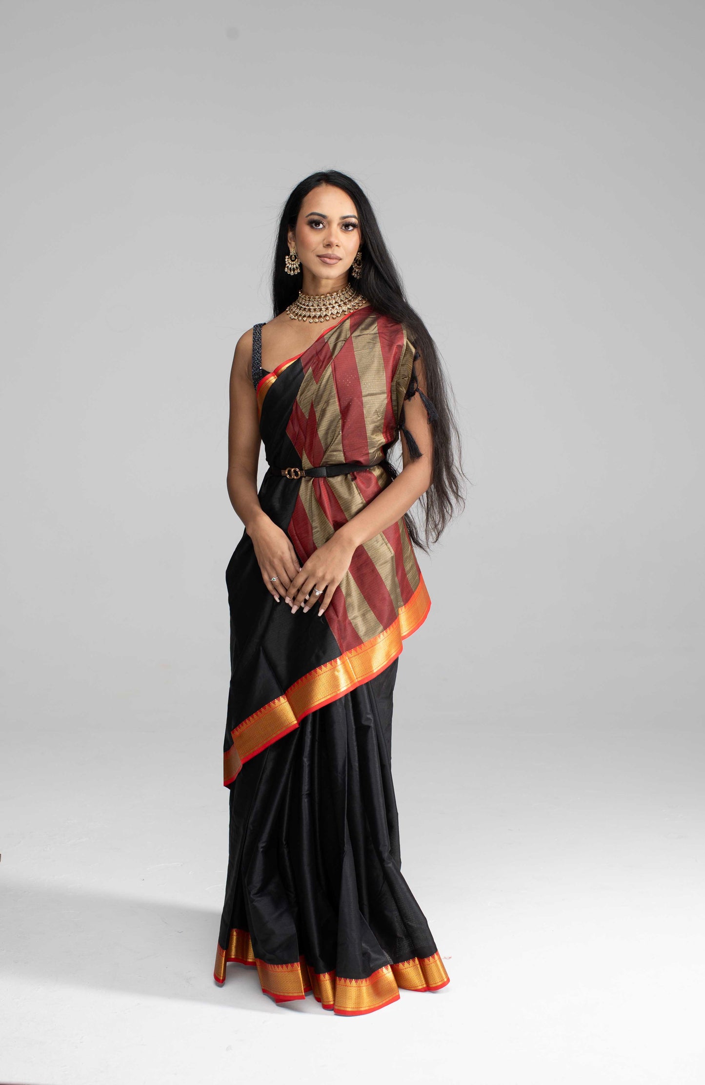 Jet Black Cotton Saree with Red and Gold Zari