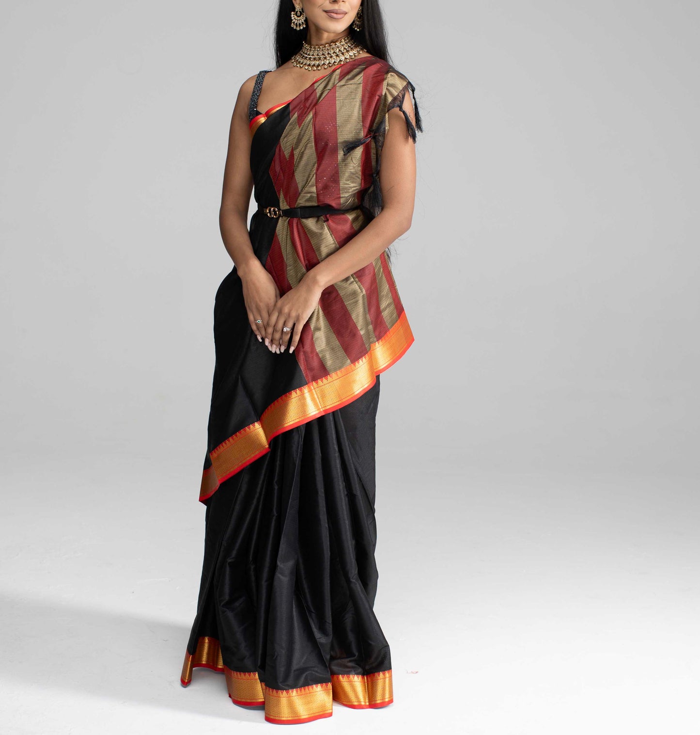 Jet Black Cotton Saree with Red and Gold Zari