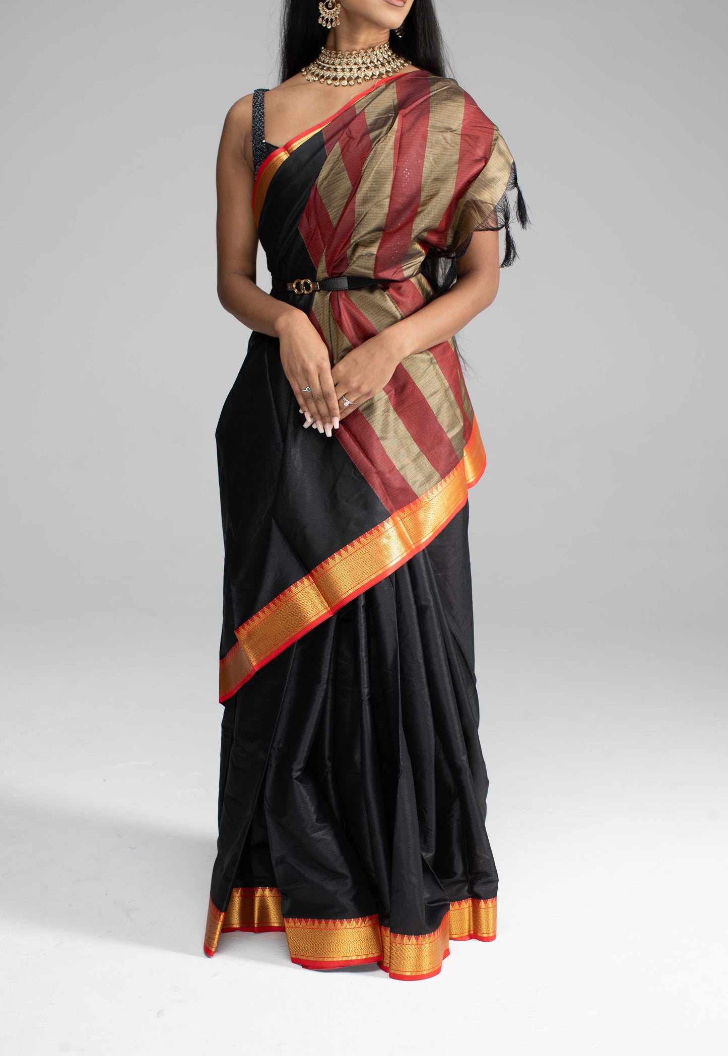 Jet Black Cotton Saree with Red and Gold Zari