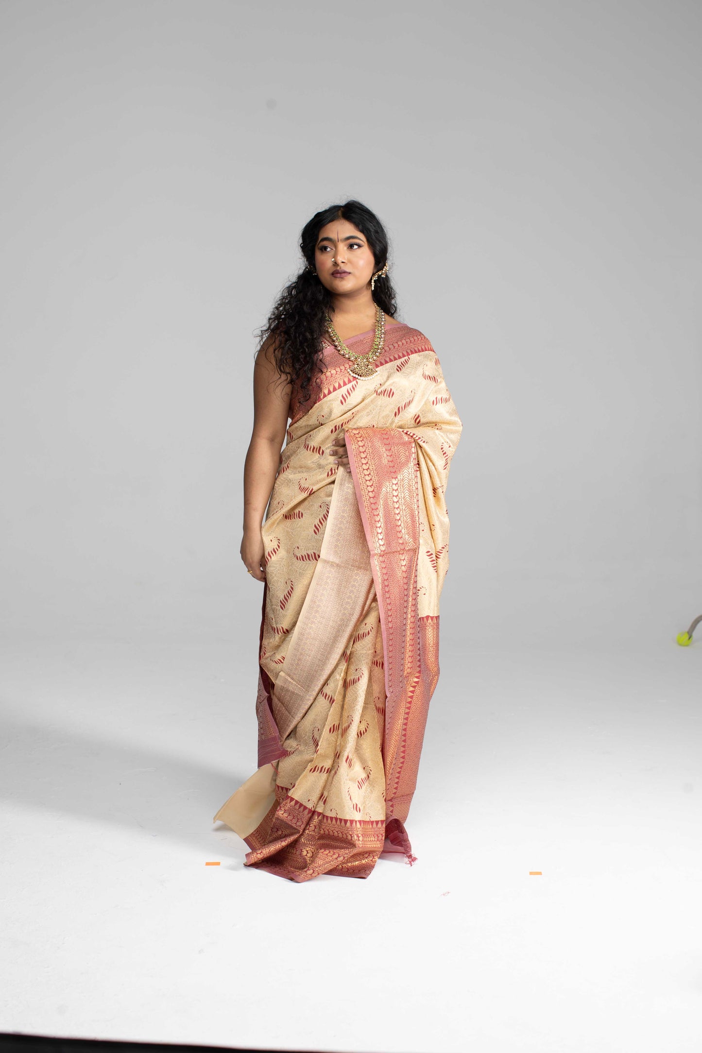 Cream Silk Saree with Large Traditional Zari Border