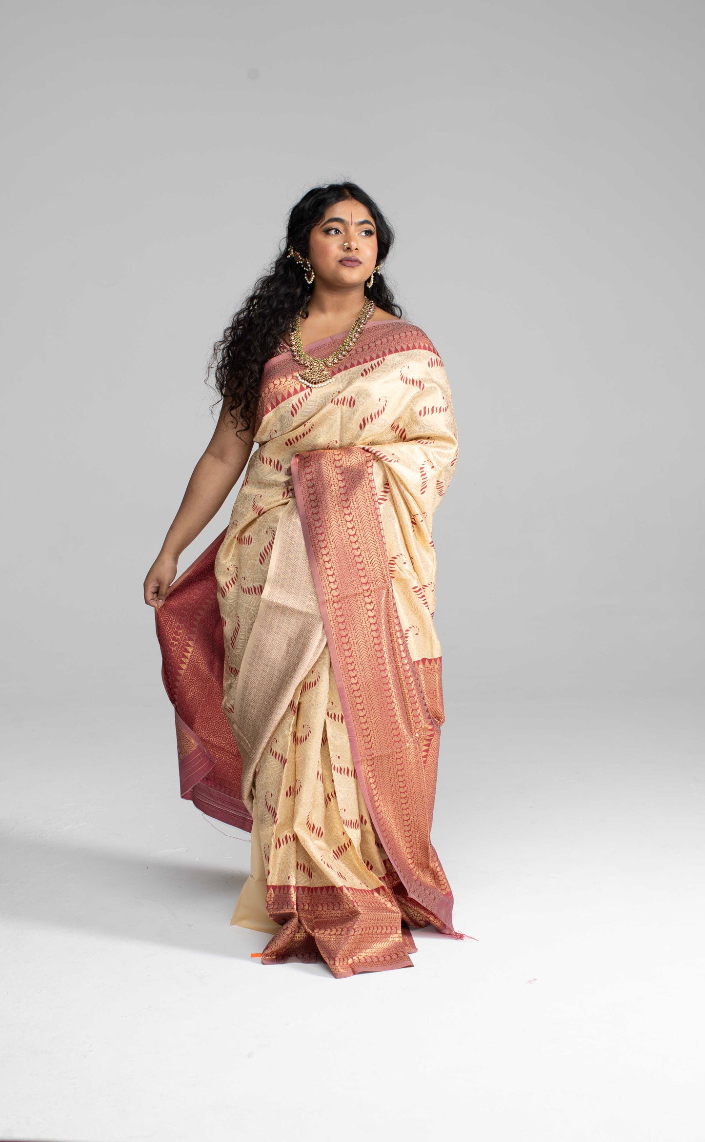 Cream Silk Saree with Large Traditional Zari Border