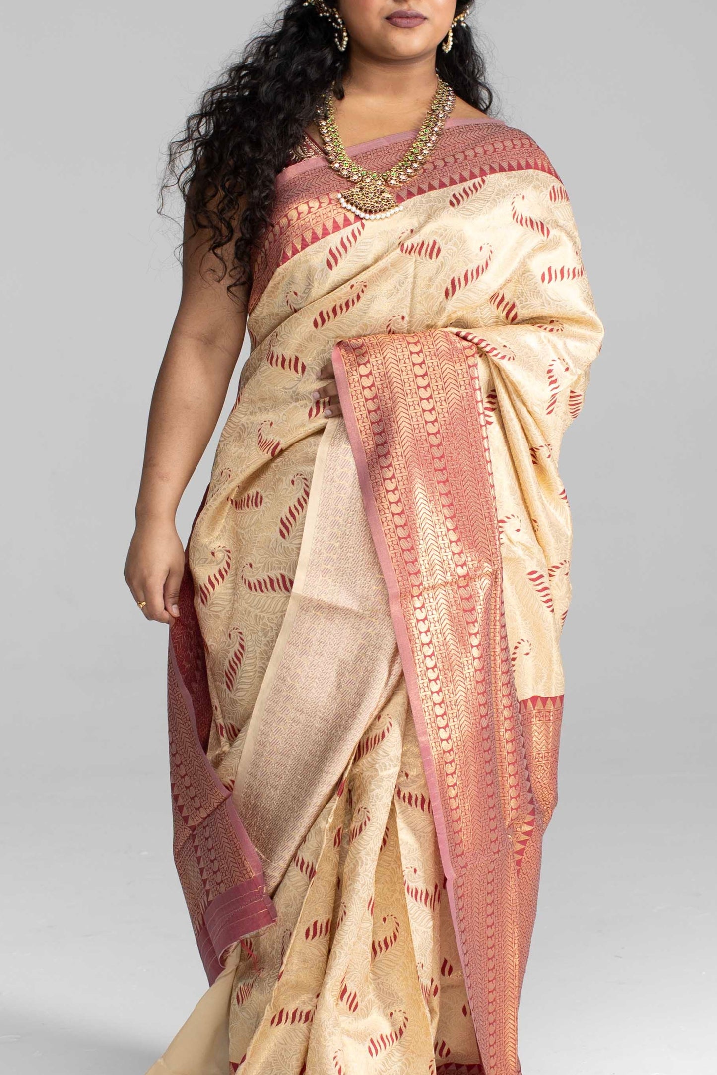 Cream Silk Saree with Large Traditional Zari Border
