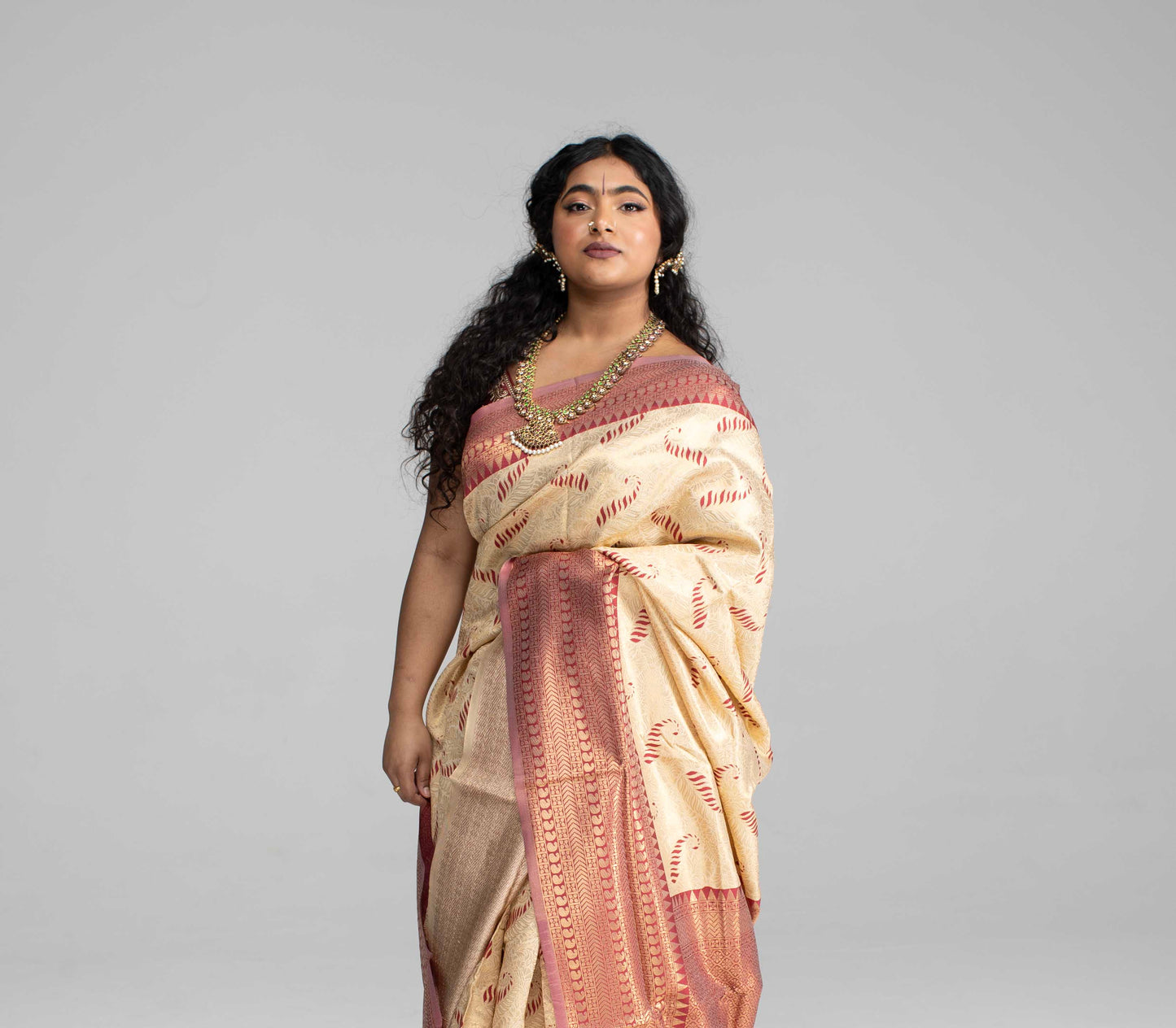 Cream Silk Saree with Large Traditional Zari Border