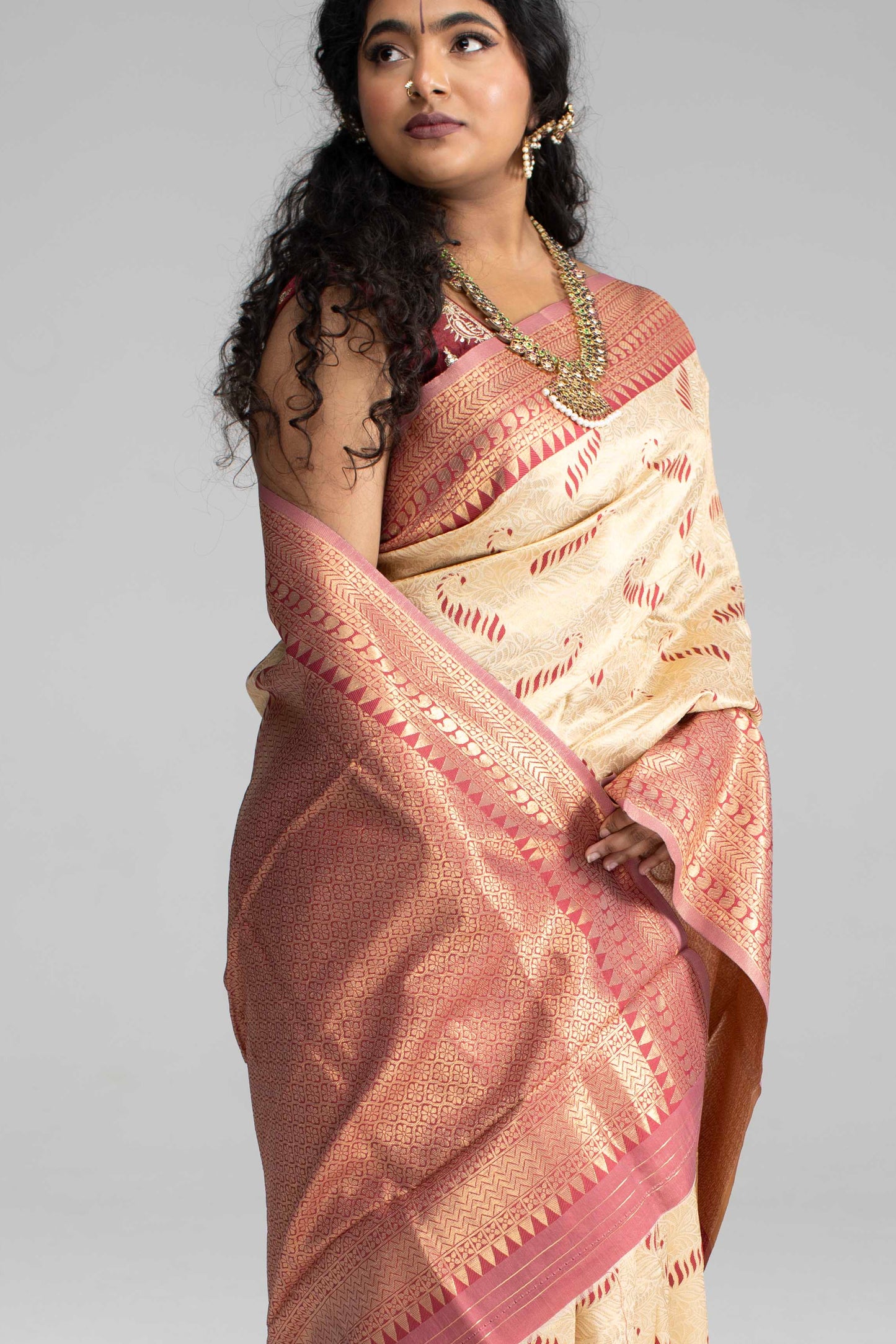 Cream Silk Saree with Large Traditional Zari Border