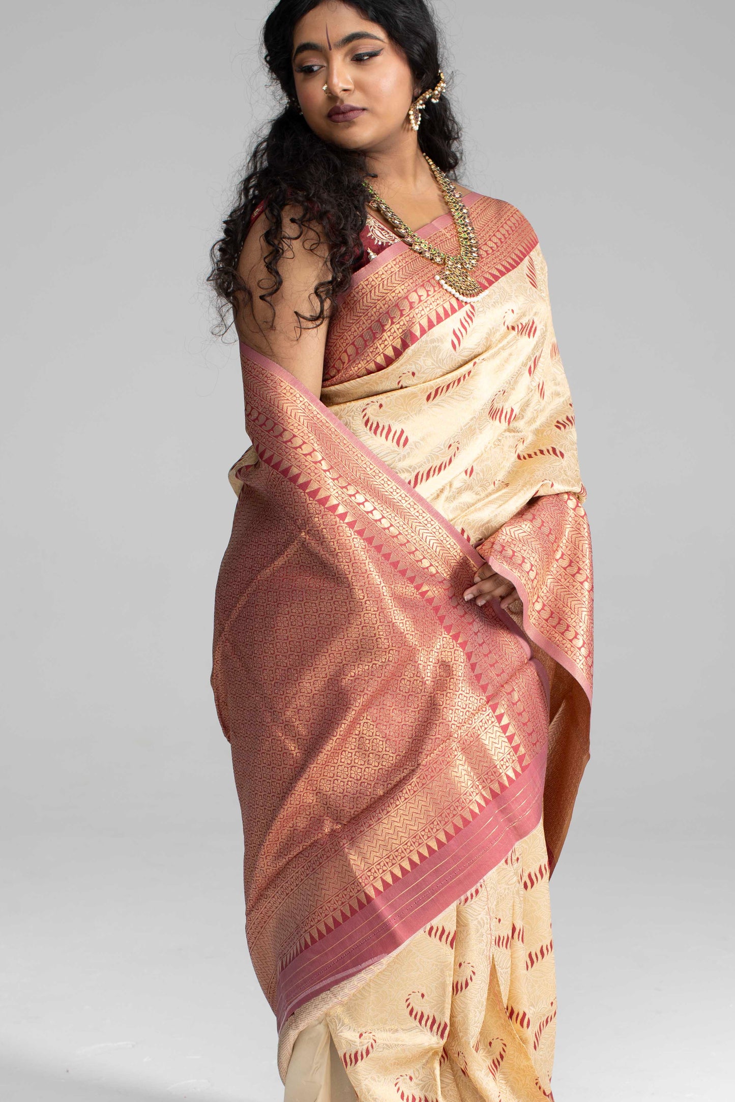 Cream Silk Saree with Large Traditional Zari Border