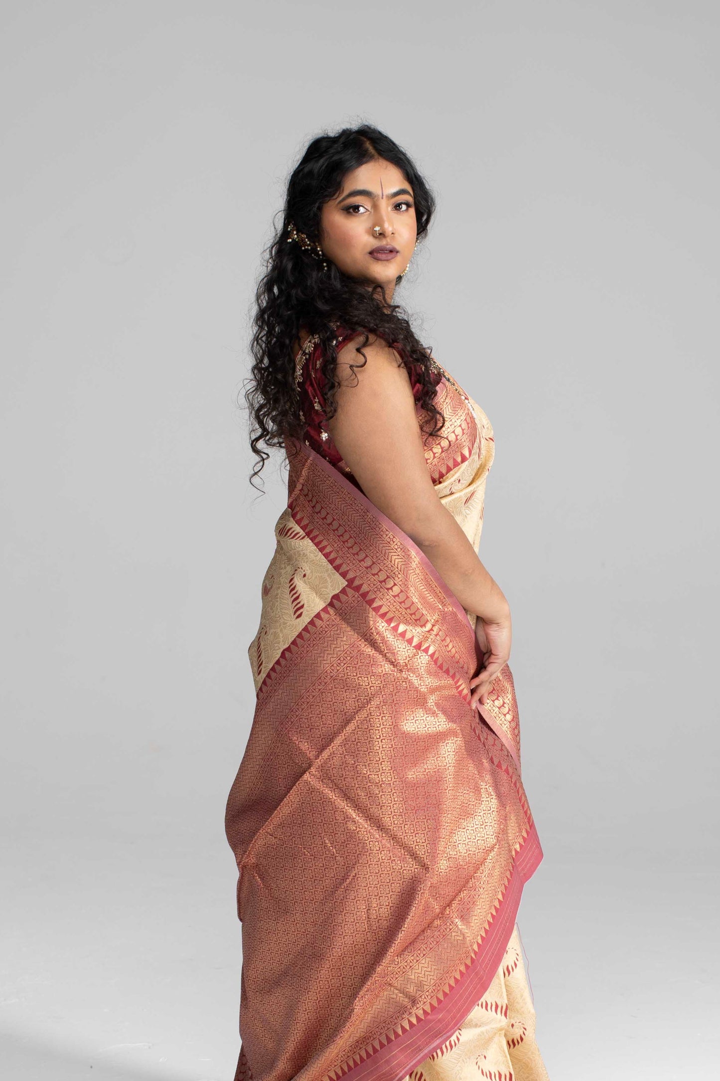 Cream Silk Saree with Large Traditional Zari Border