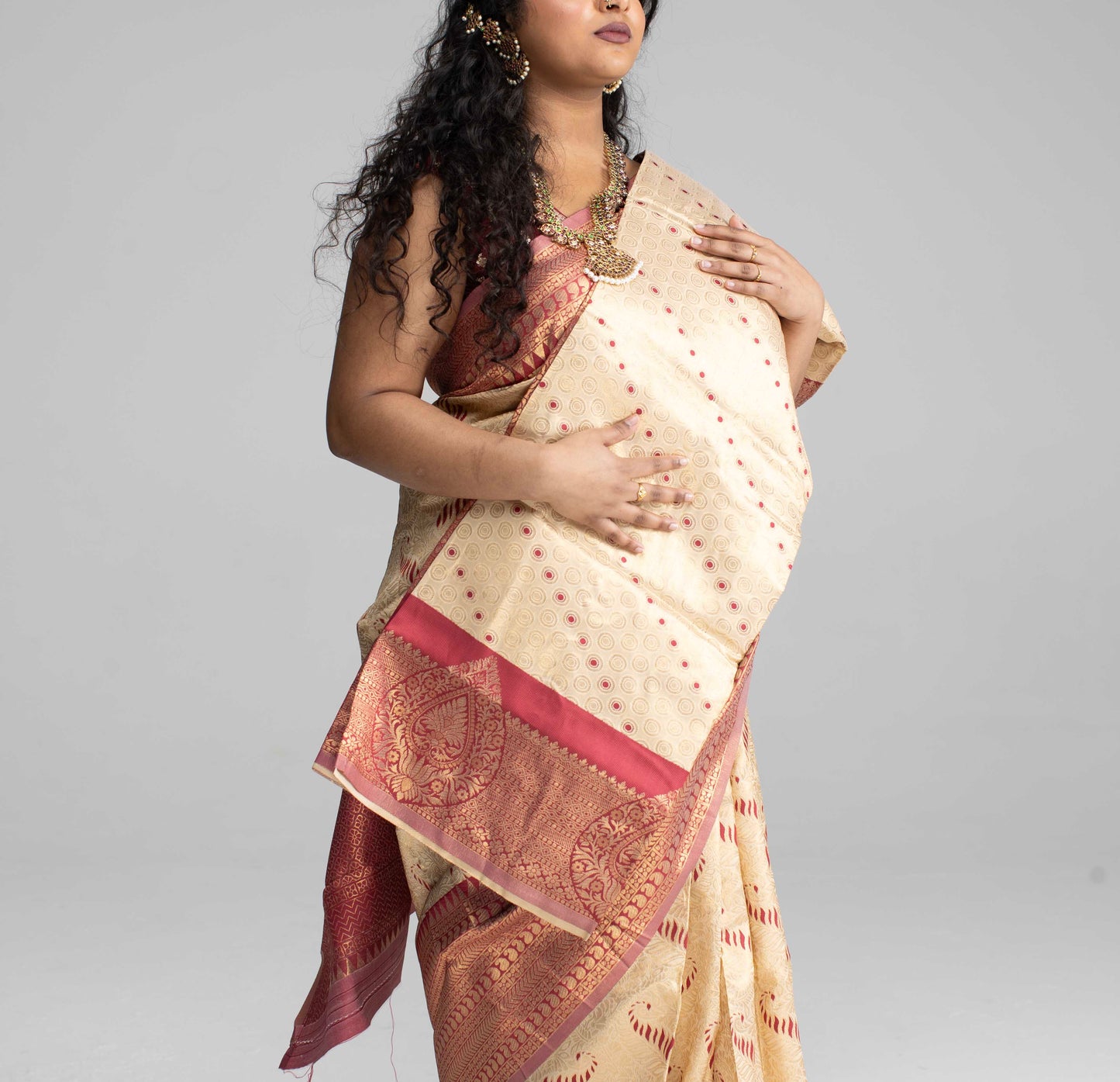 Cream Silk Saree with Large Traditional Zari Border