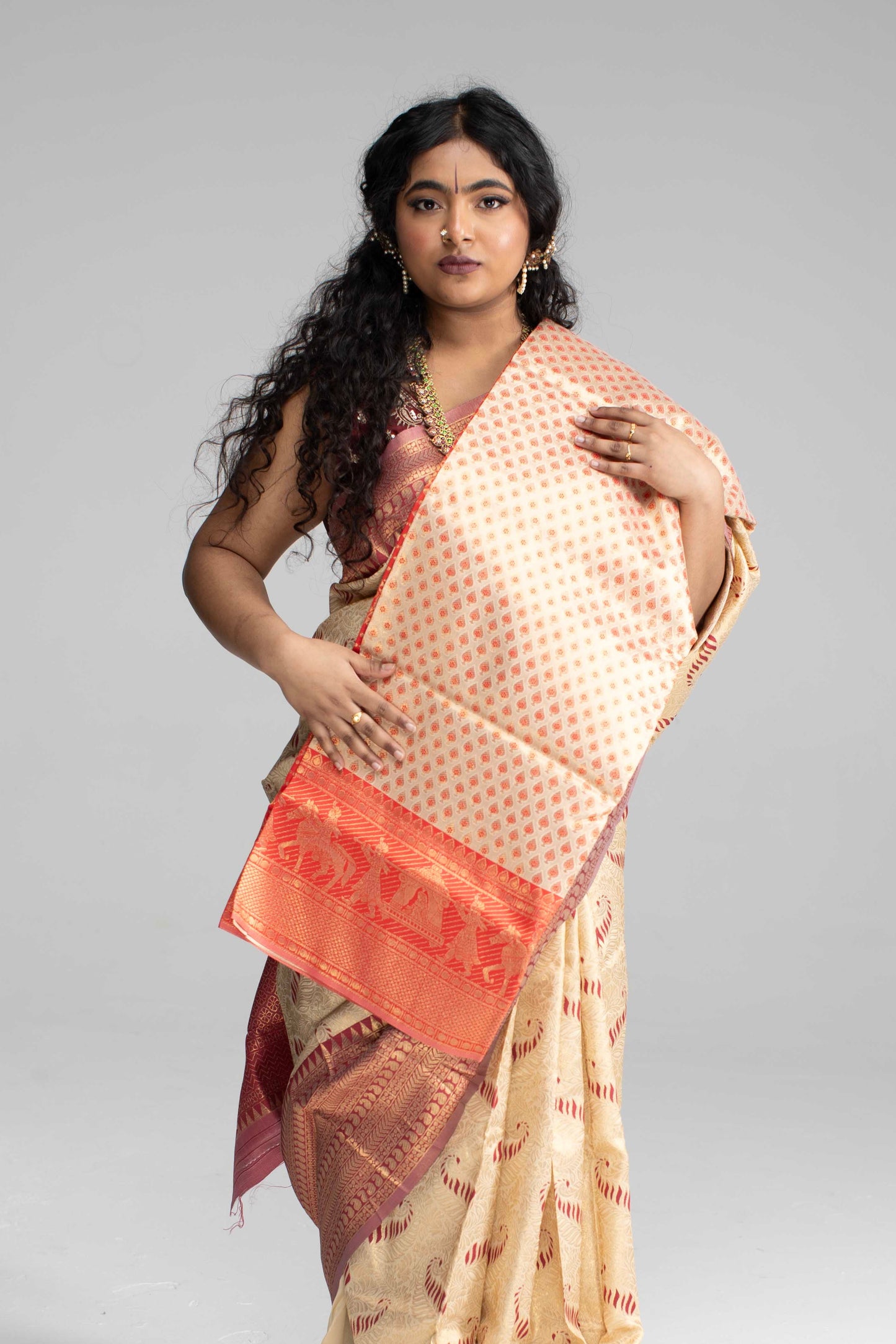 Cream Silk Saree with Large Traditional Zari Border
