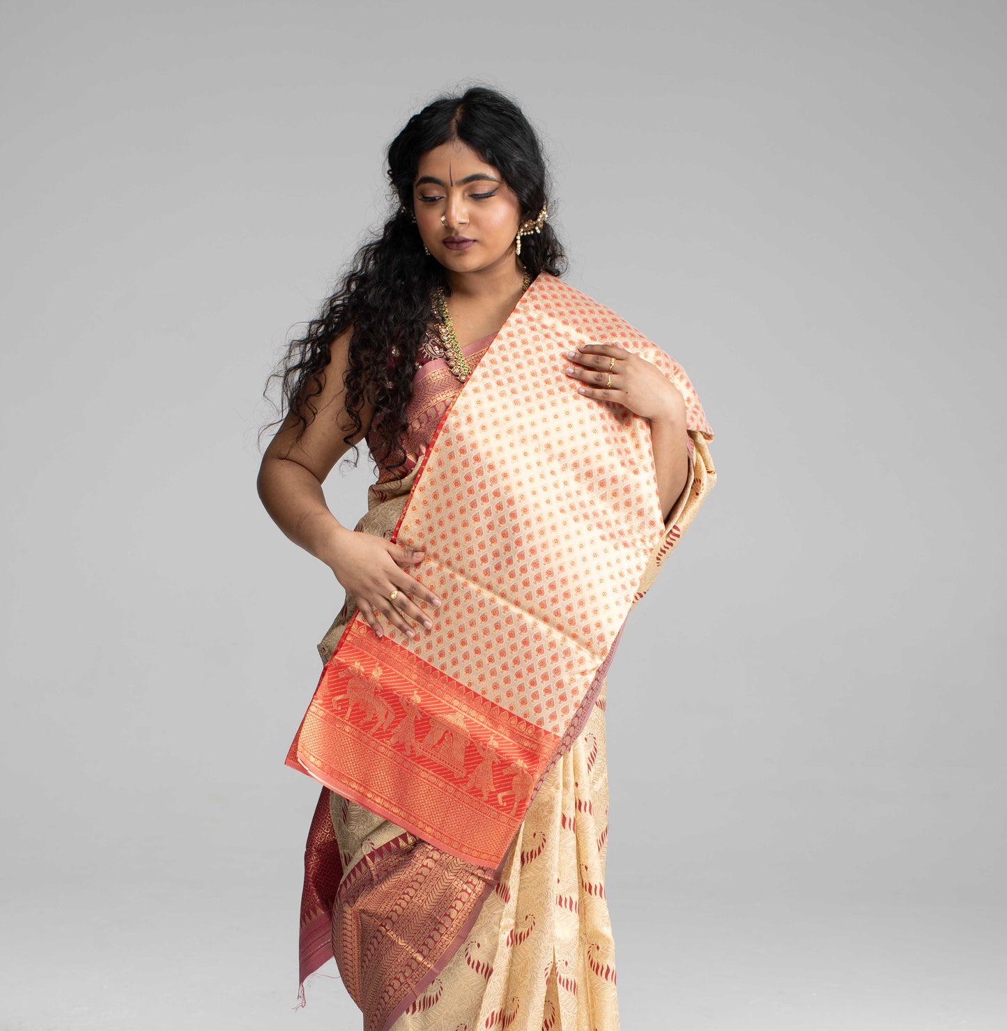Cream Silk Saree with Large Traditional Zari Border