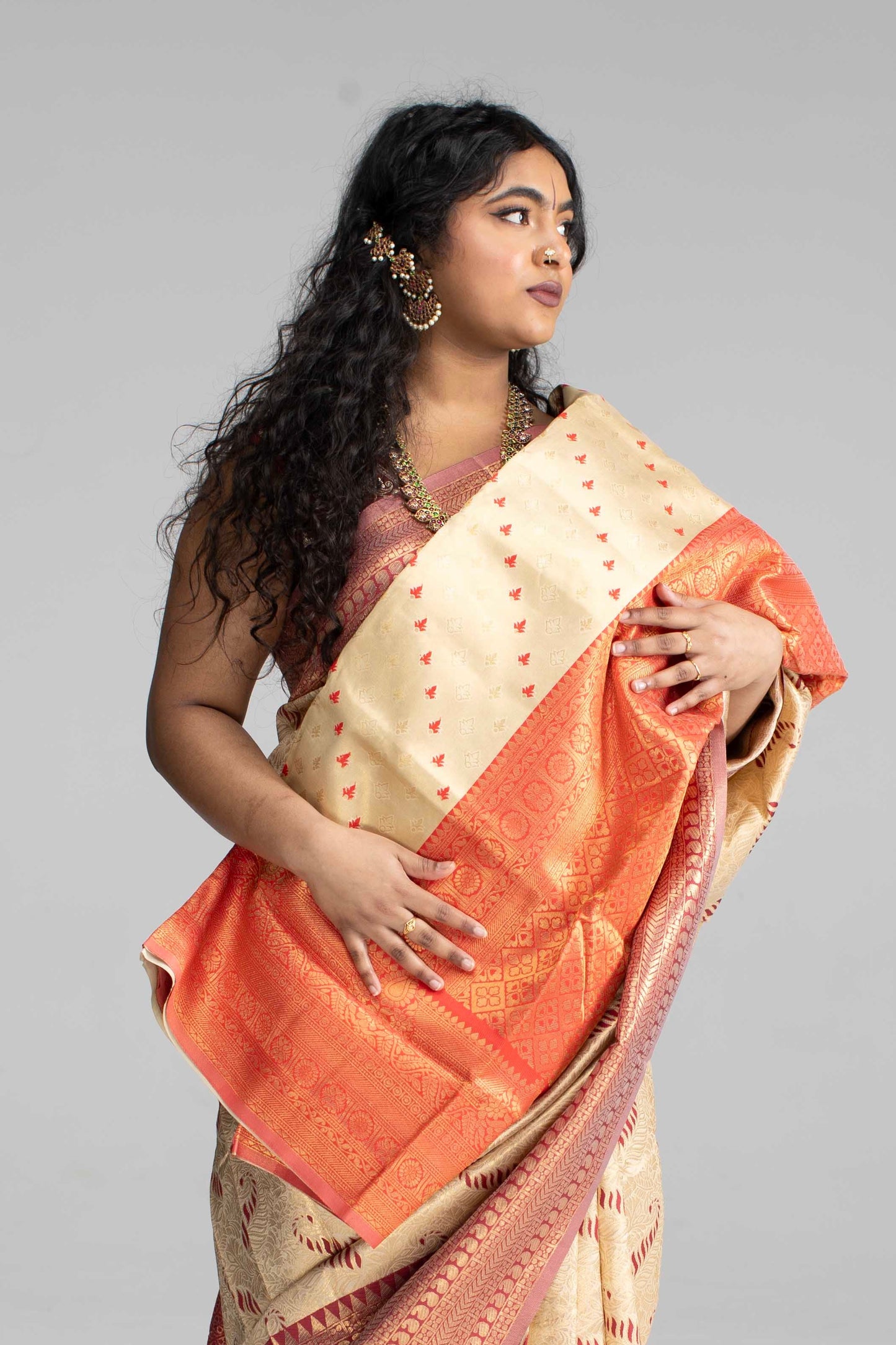 Cream Silk Saree with Large Traditional Zari Border