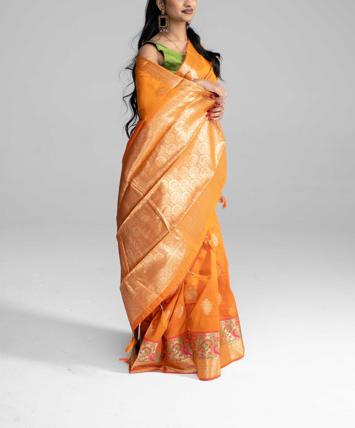 Vibrant orange silk saree with double border