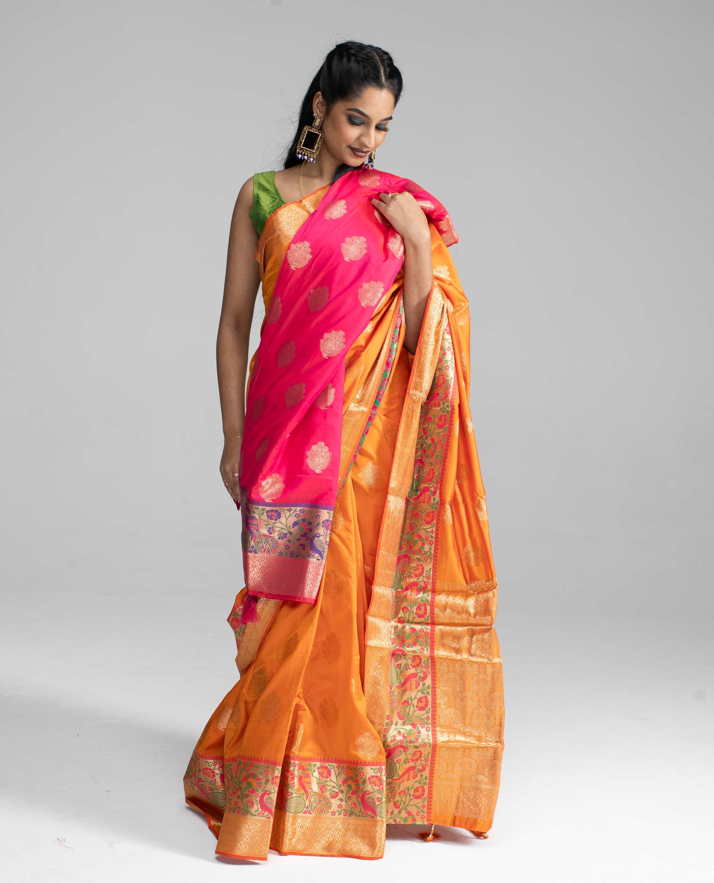 Vibrant orange silk saree with double border