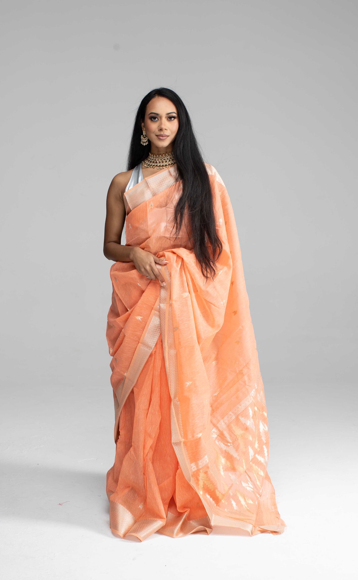 Peach Cotton Saree with Light Silver Border & Pallu