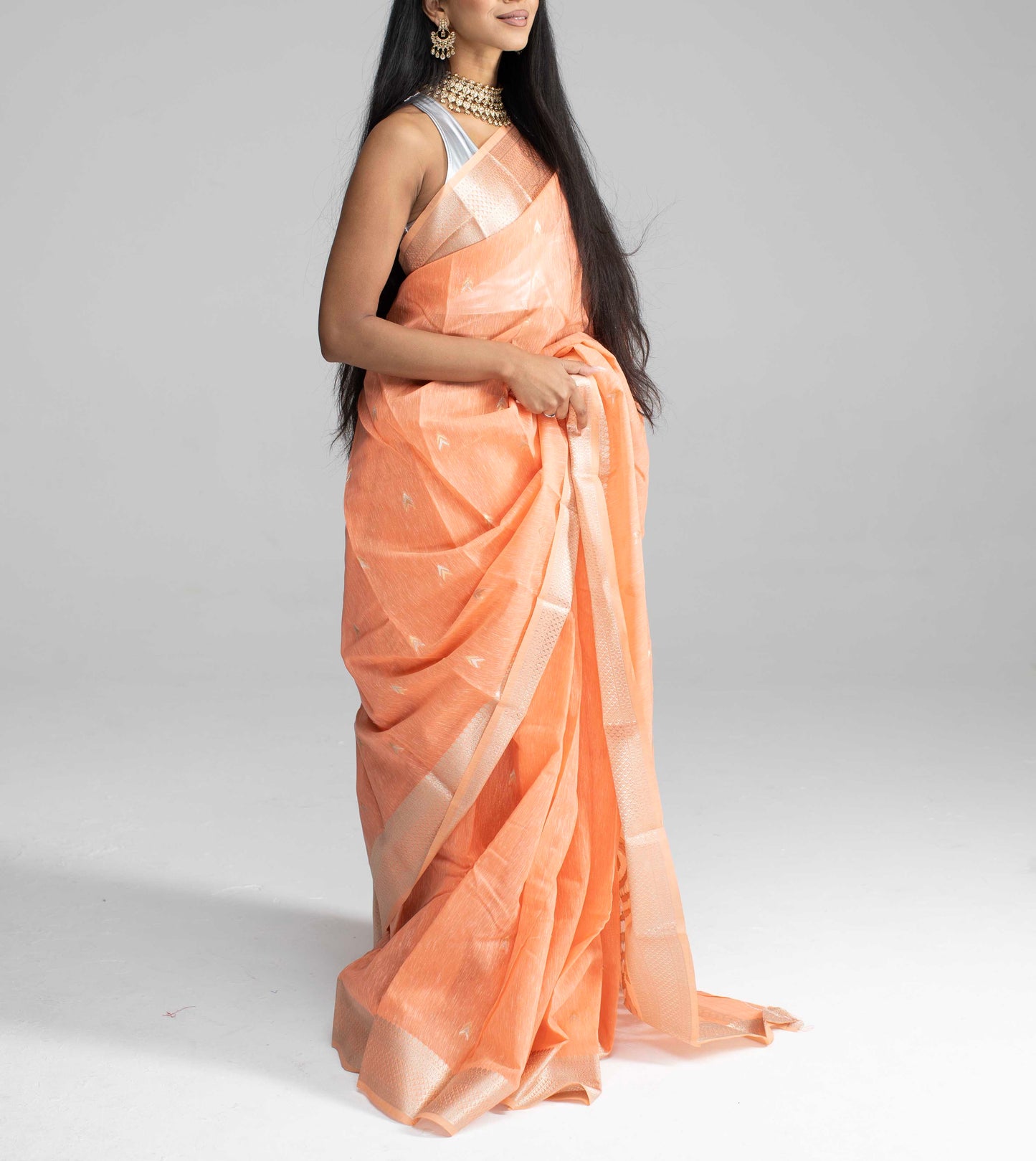 Peach Cotton Saree with Light Silver Border & Pallu