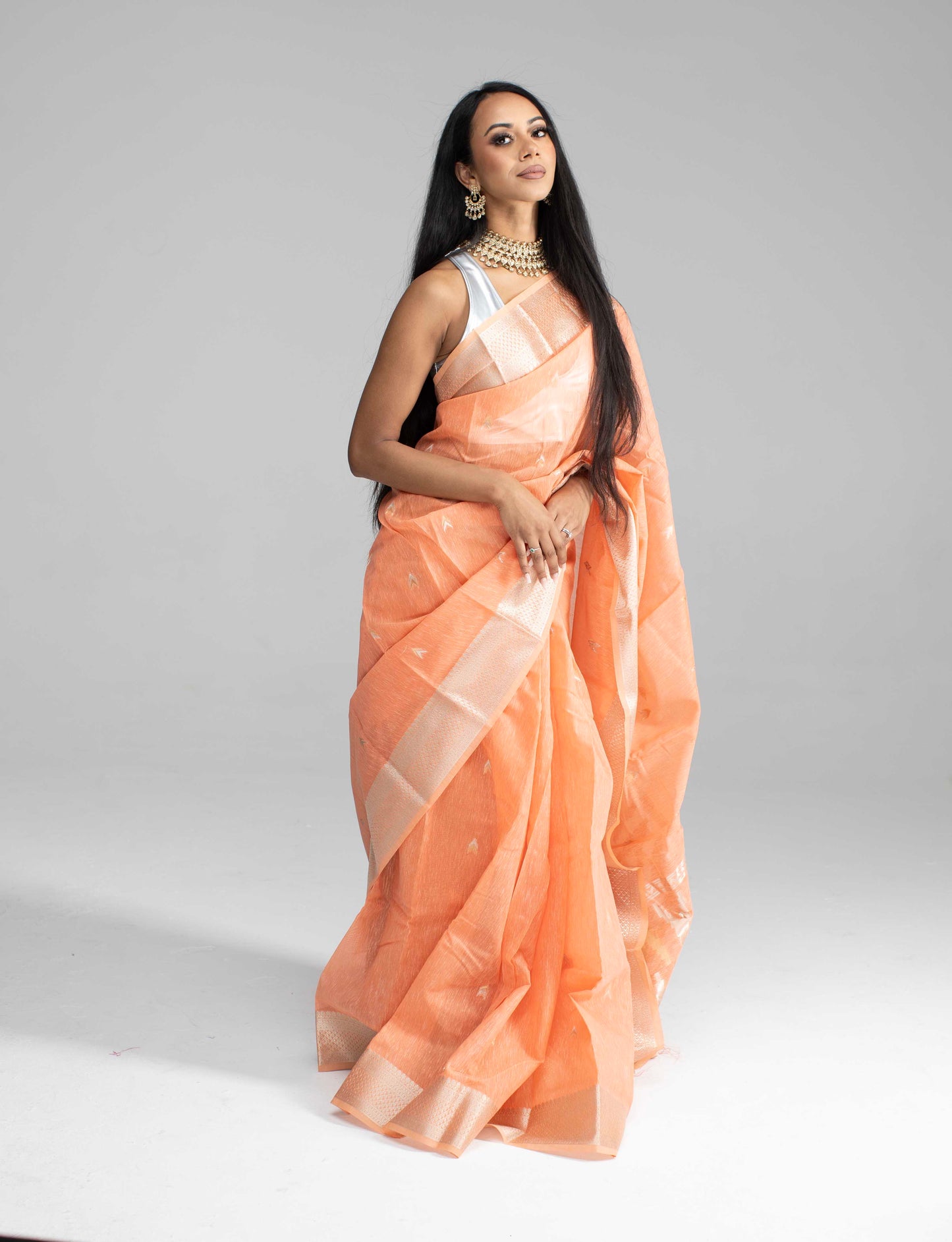 Peach Cotton Saree with Light Silver Border & Pallu
