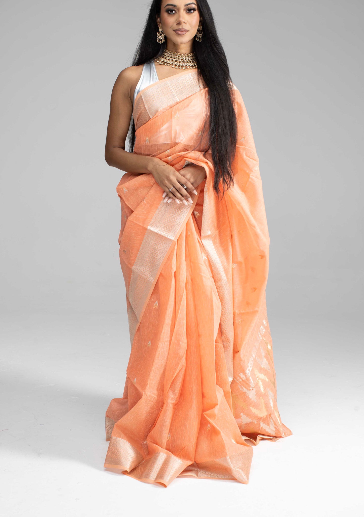 Peach Cotton Saree with Light Silver Border & Pallu