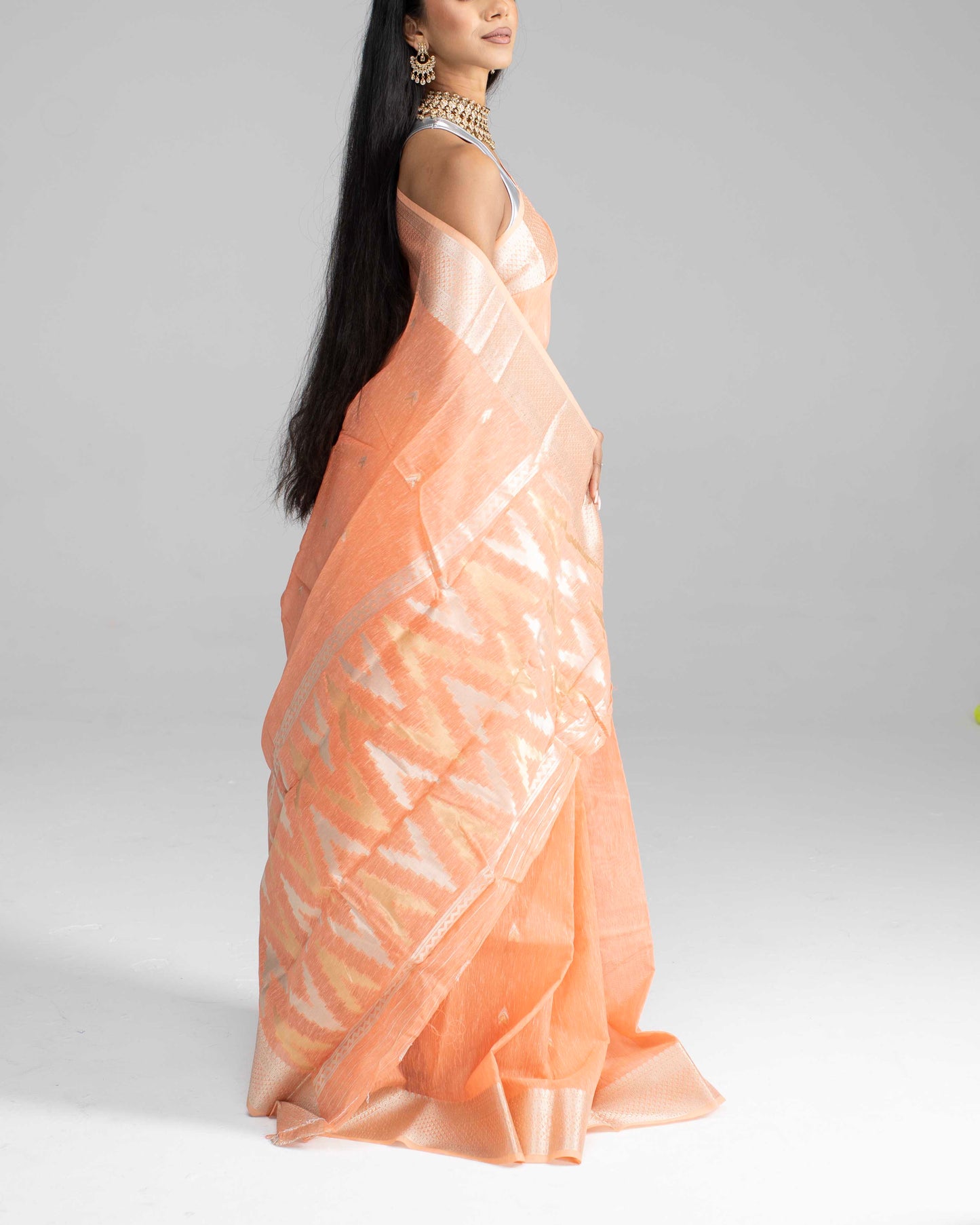 Peach Cotton Saree with Light Silver Border & Pallu