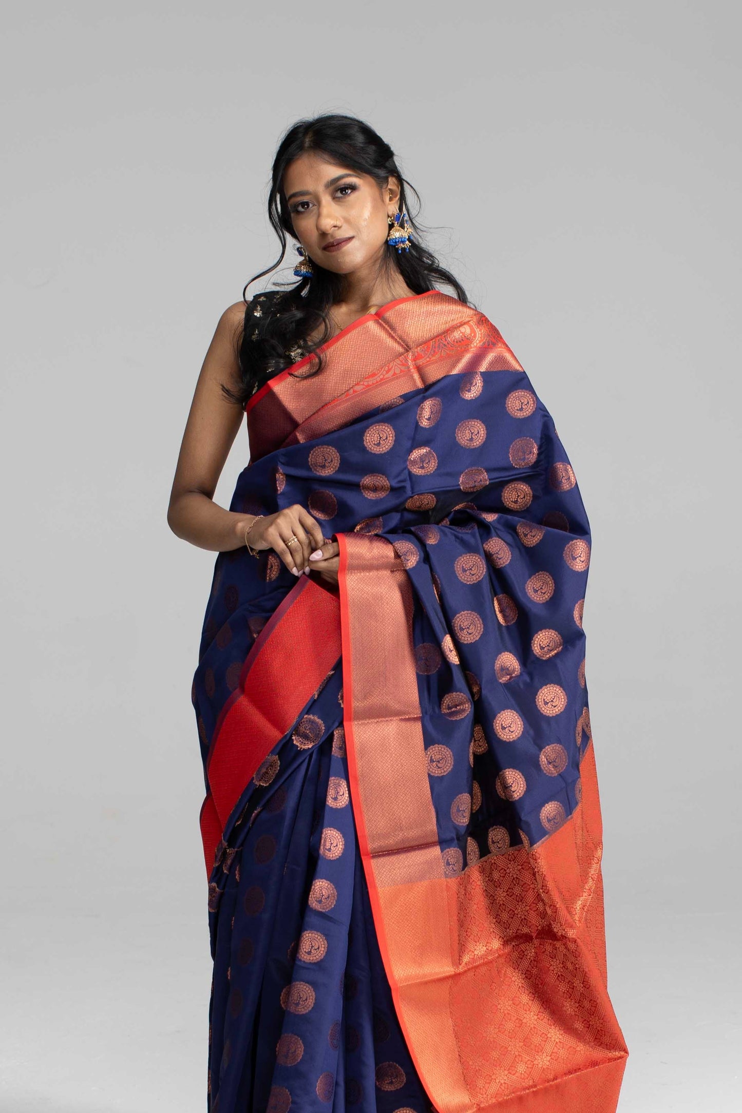 Navy Blue Saree with Red Border & Gold Butta Work