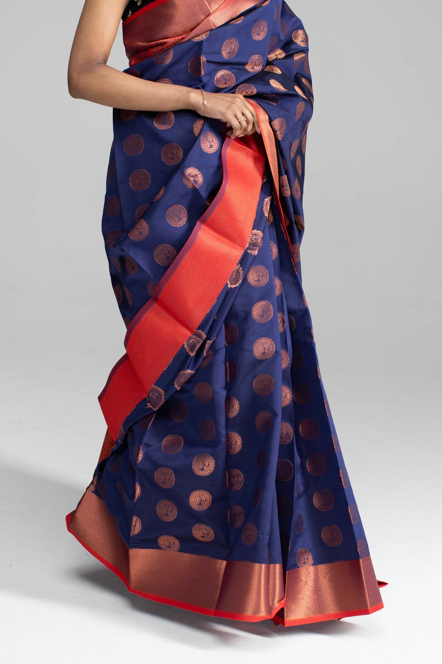 Navy Blue Saree with Red Border & Gold Butta Work