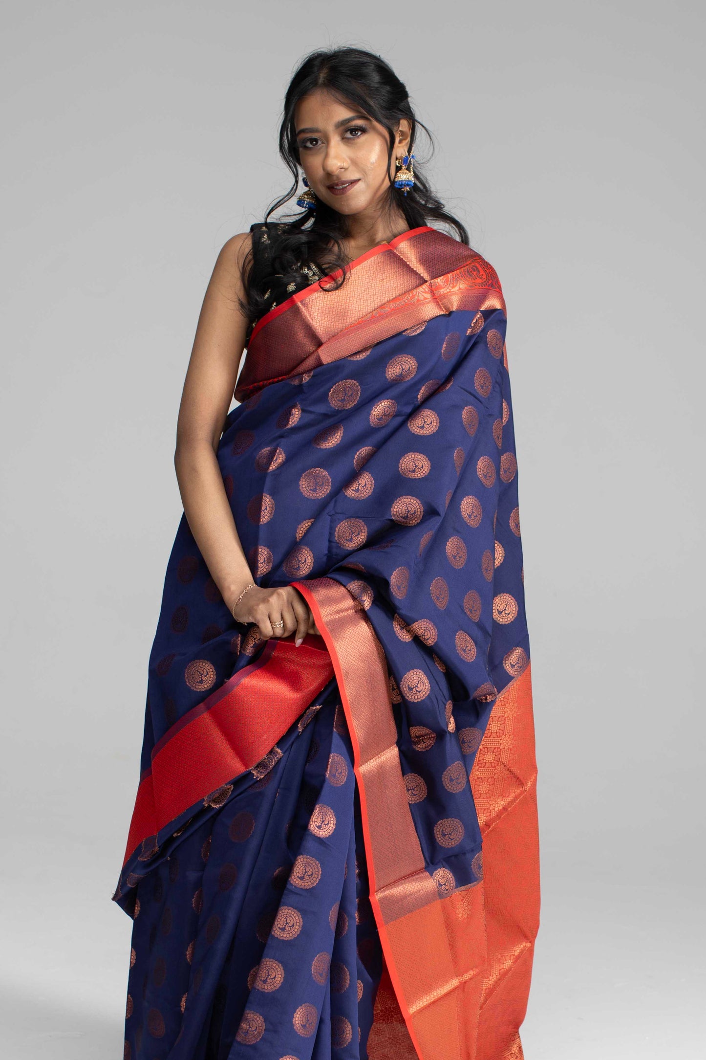 Navy Blue Saree with Red Border & Gold Butta Work