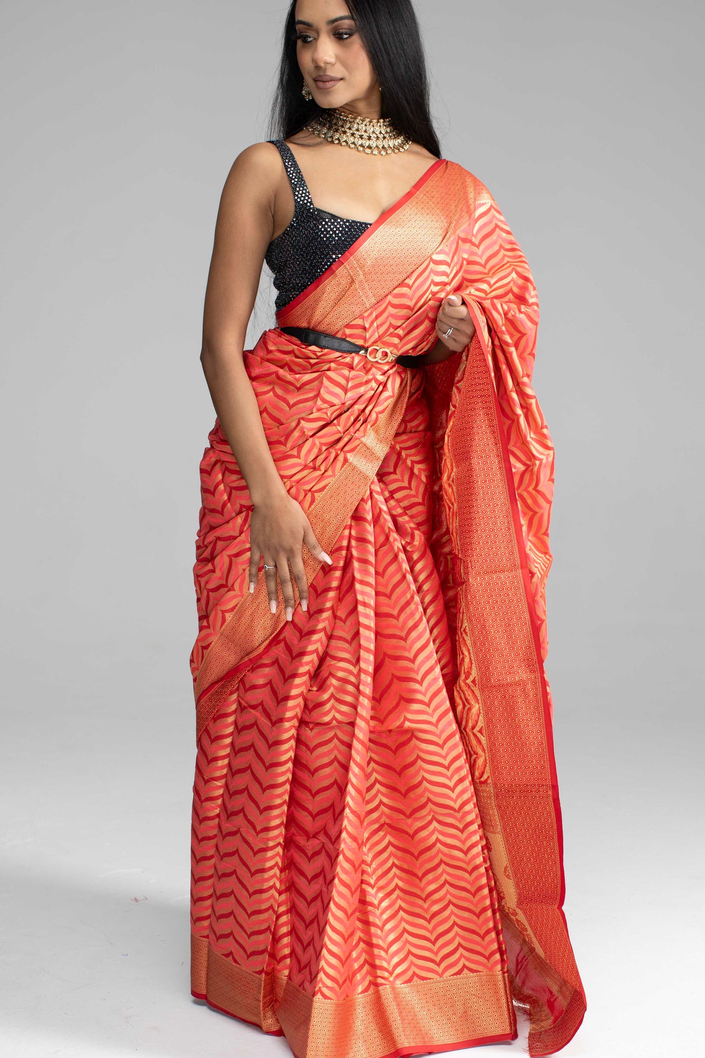 Golden Geometric Wave Patterned Saree