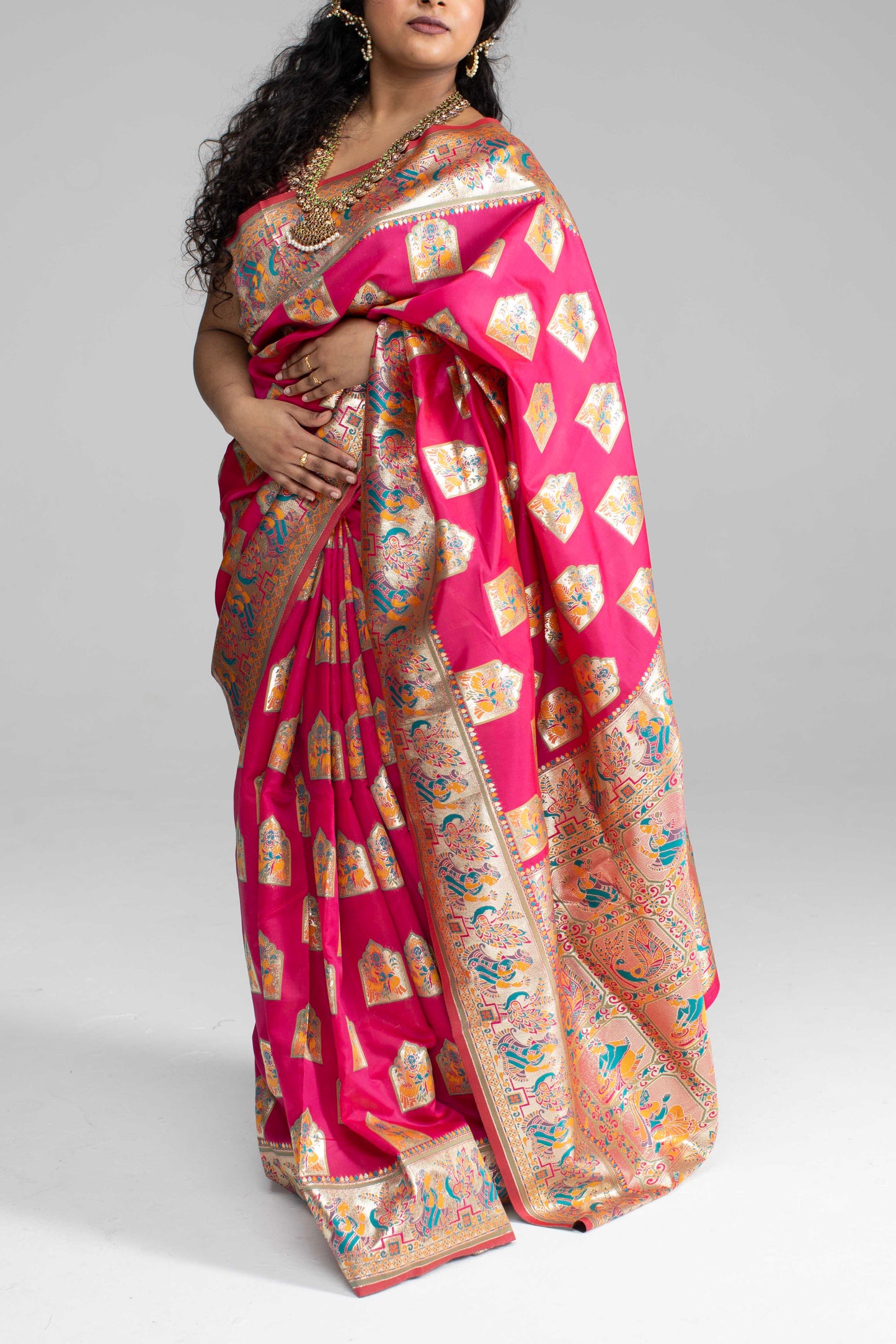 Paithani-Style Magentha Banaris Saree with Godess motifs