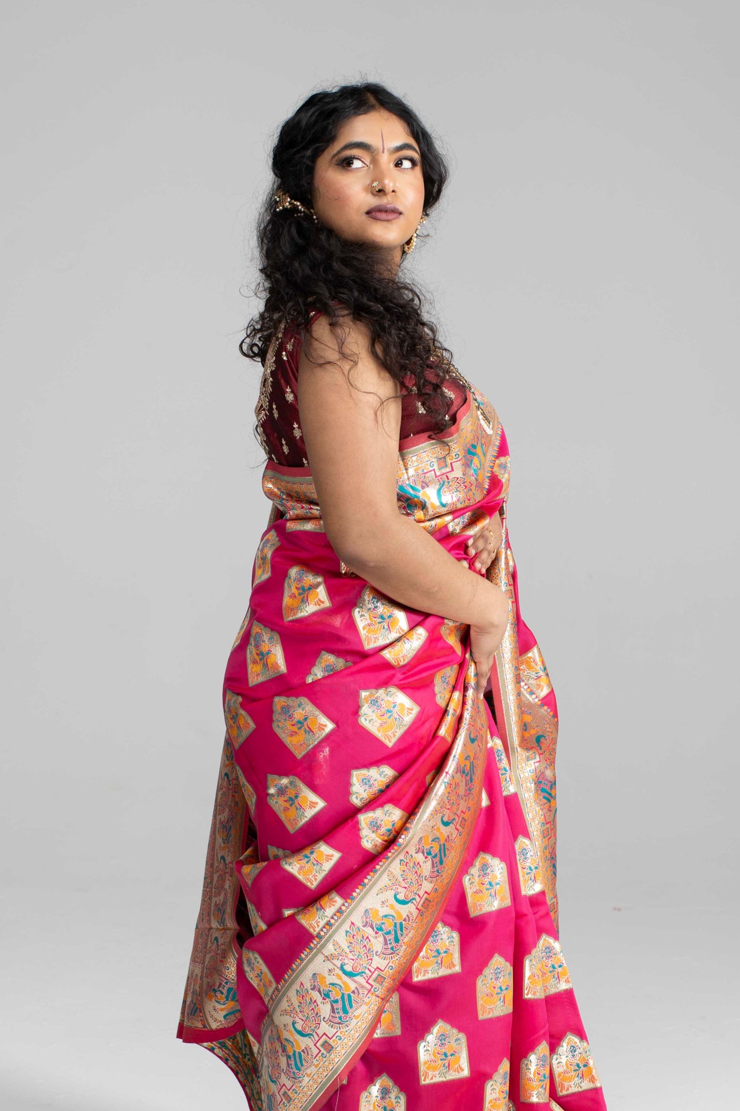 Paithani-Style Magentha Banaris Saree with Godess motifs