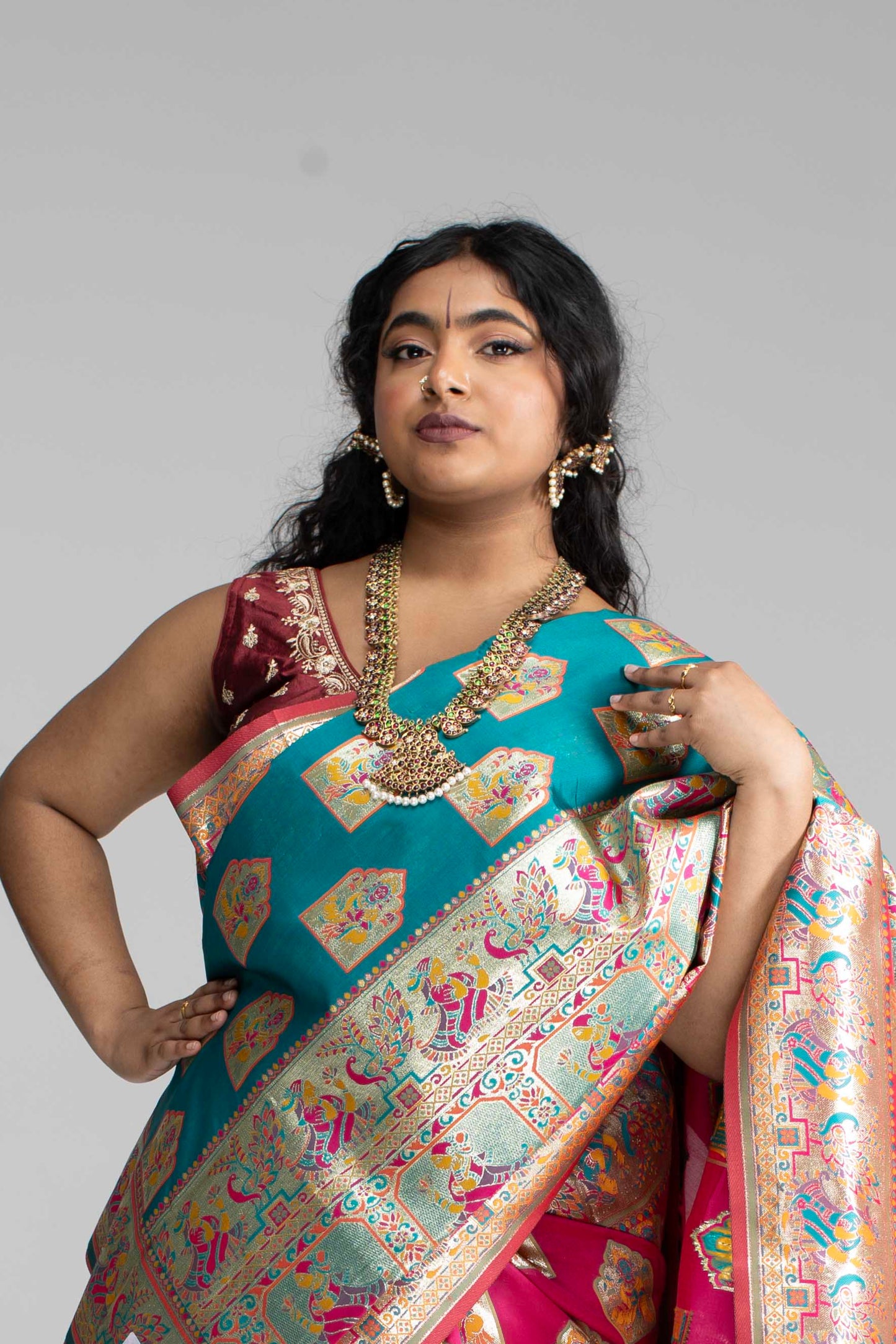Paithani-Style Magentha Banaris Saree with Godess motifs