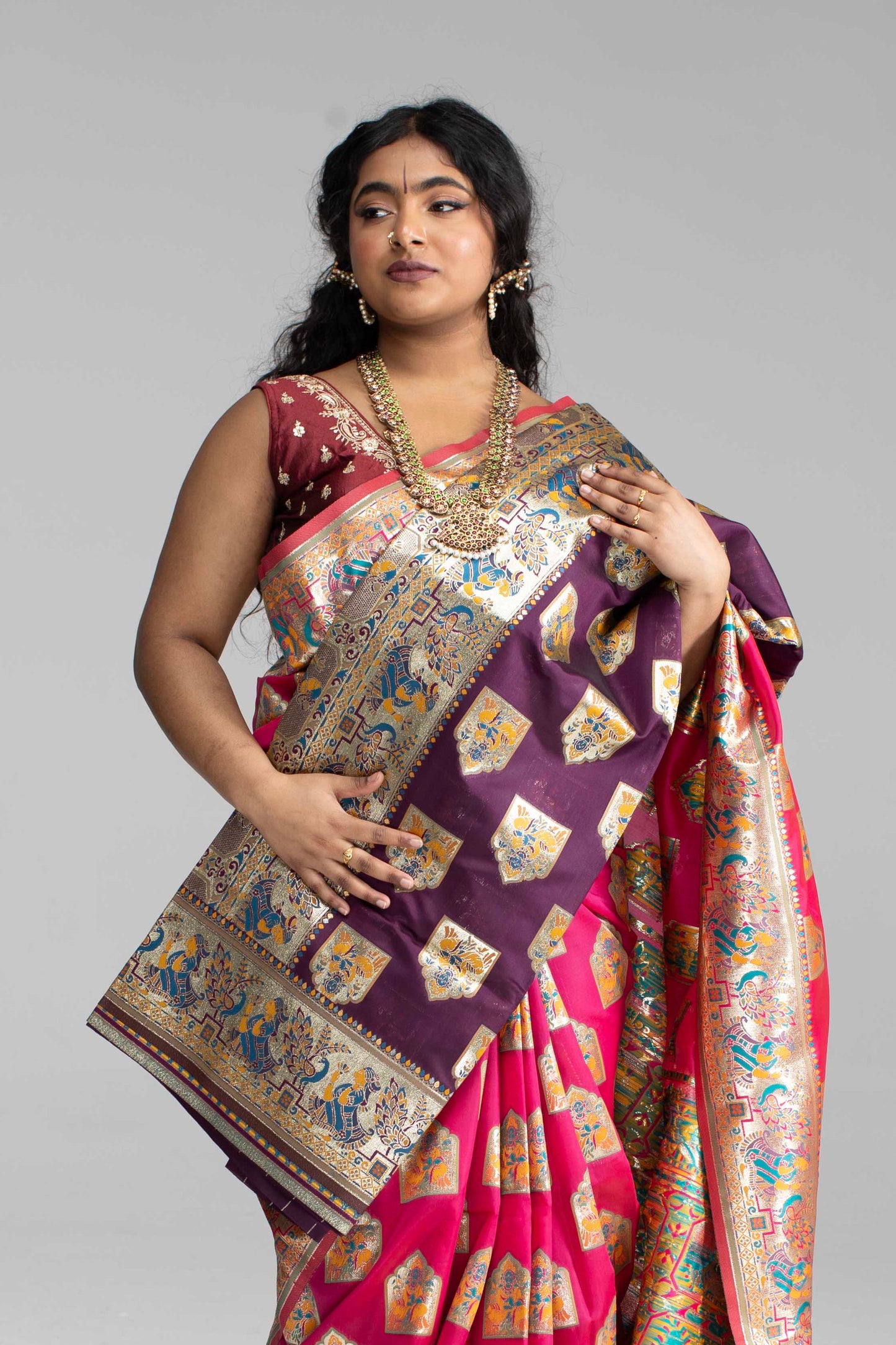 Paithani-Style Magentha Banaris Saree with Godess motifs