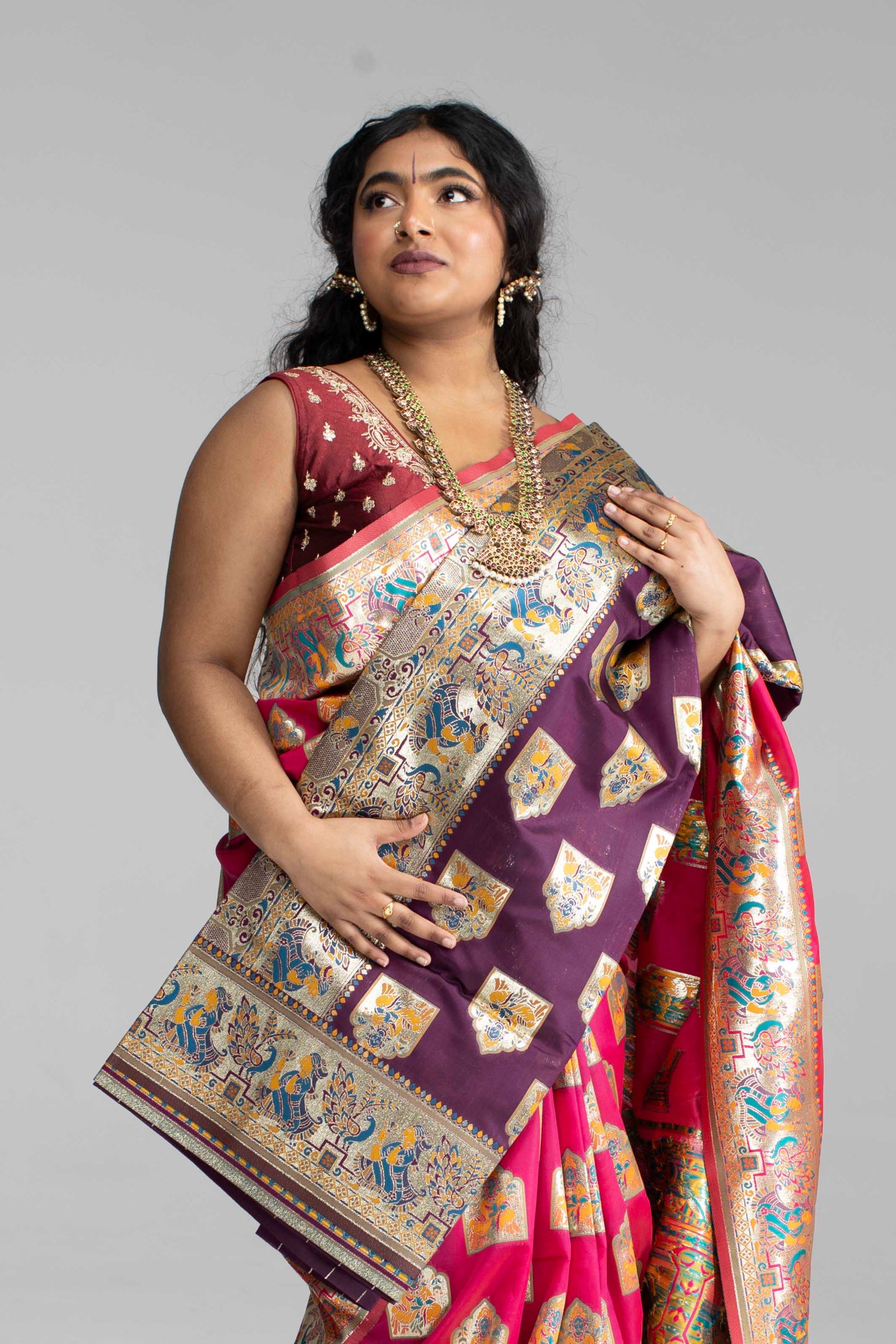 Paithani-Style Magentha Banaris Saree with Godess motifs