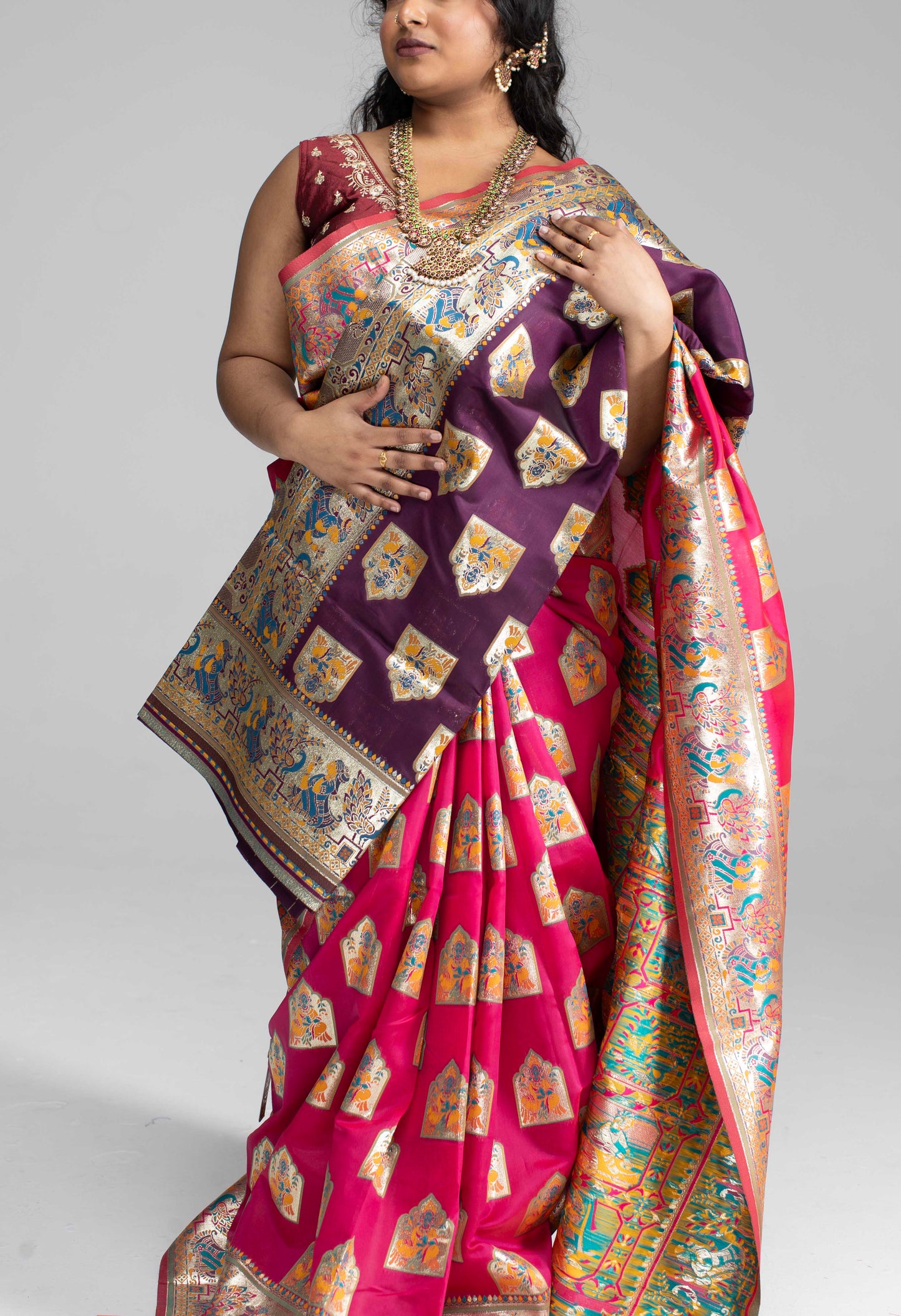 Paithani-Style Magentha Banaris Saree with Godess motifs