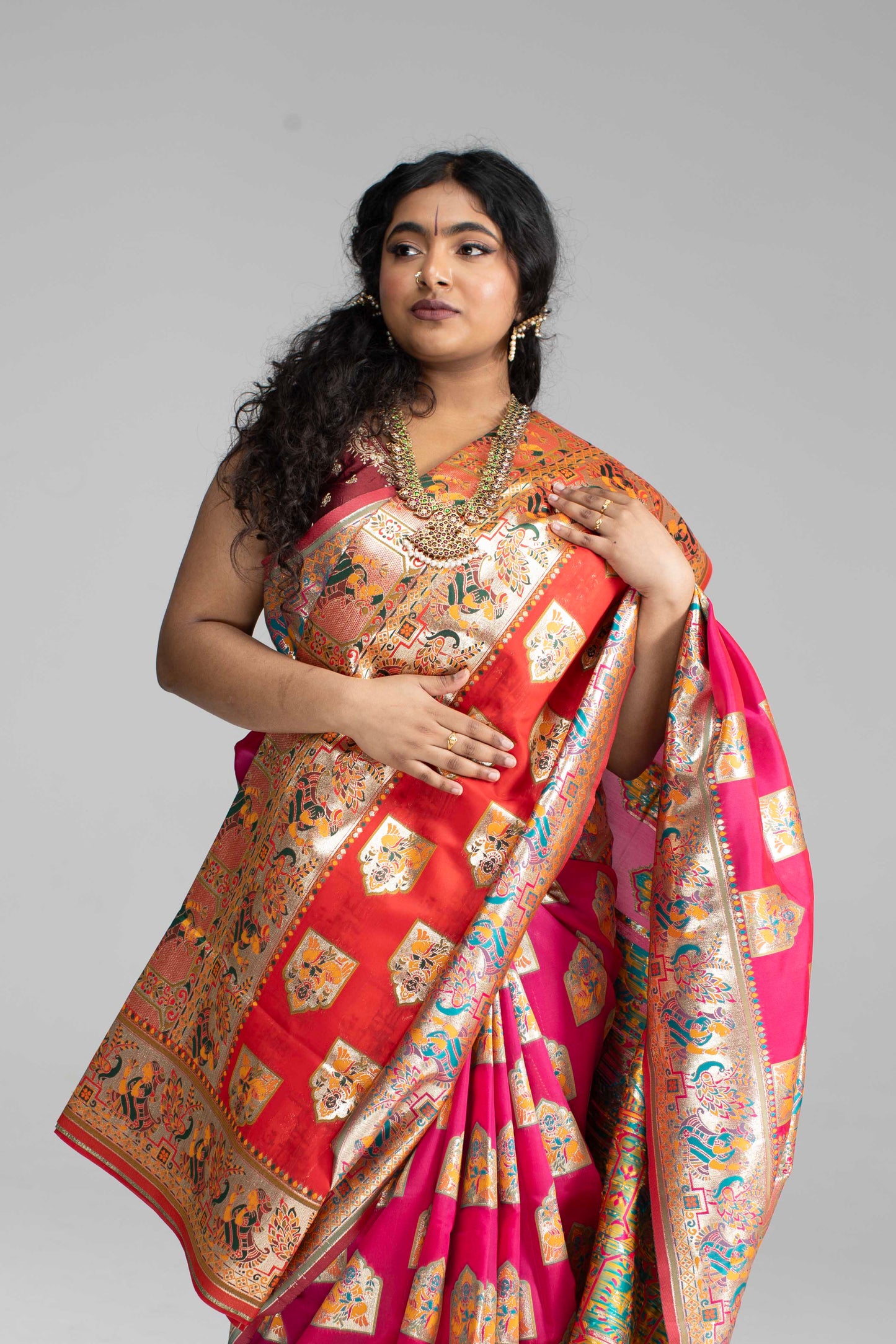 Paithani-Style Magentha Banaris Saree with Godess motifs