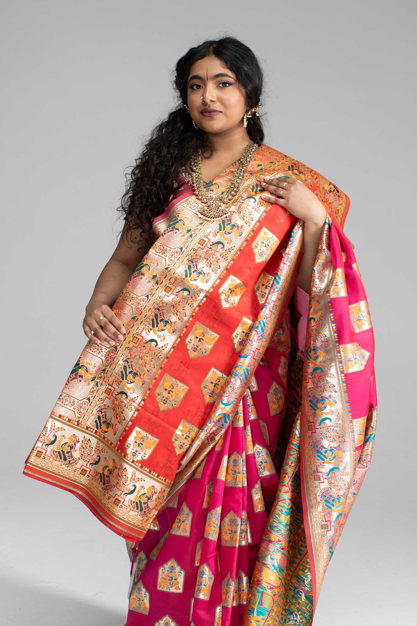 Paithani-Style Magentha Banaris Saree with Godess motifs