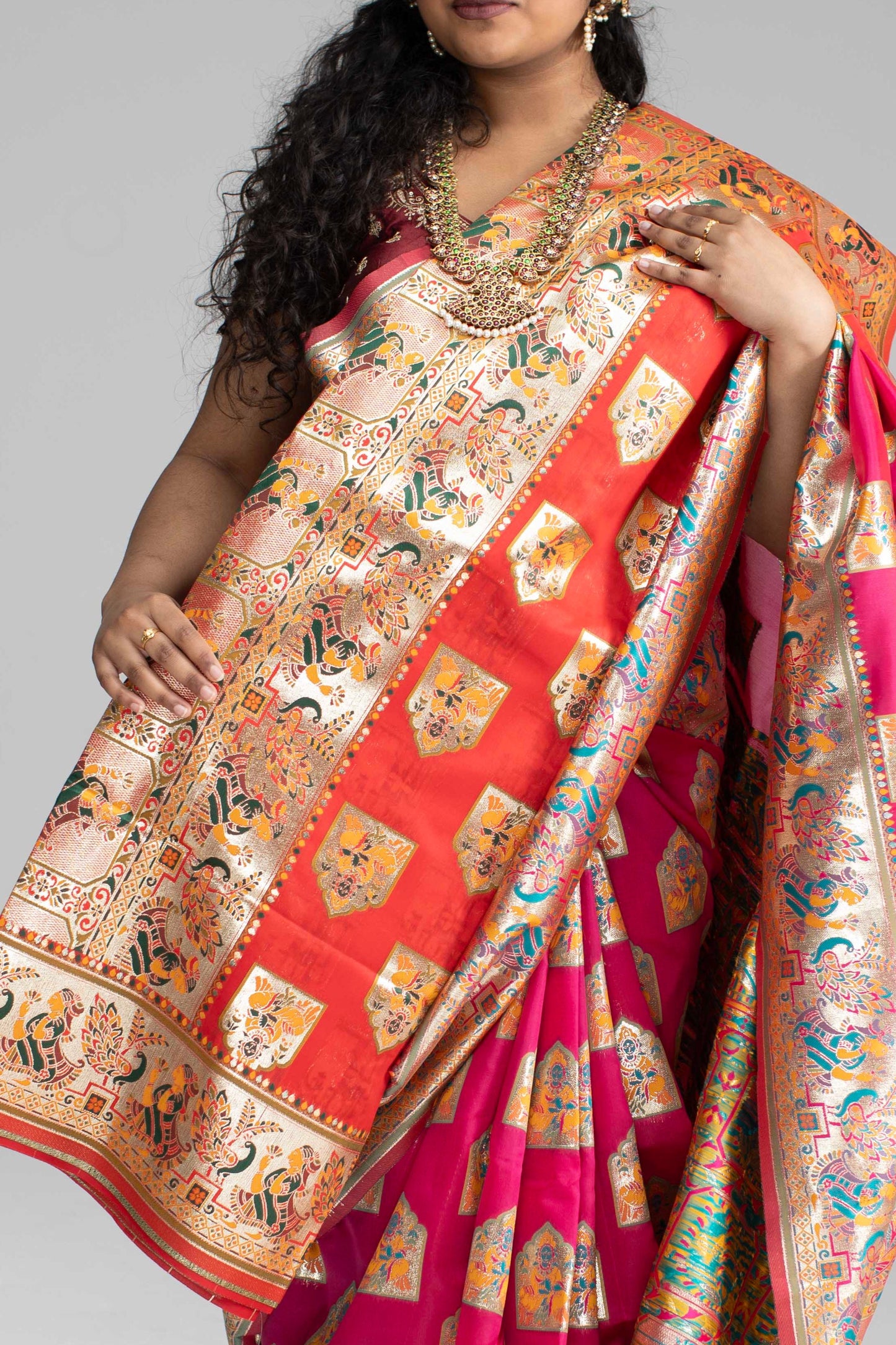 Paithani-Style Magentha Banaris Saree with Godess motifs