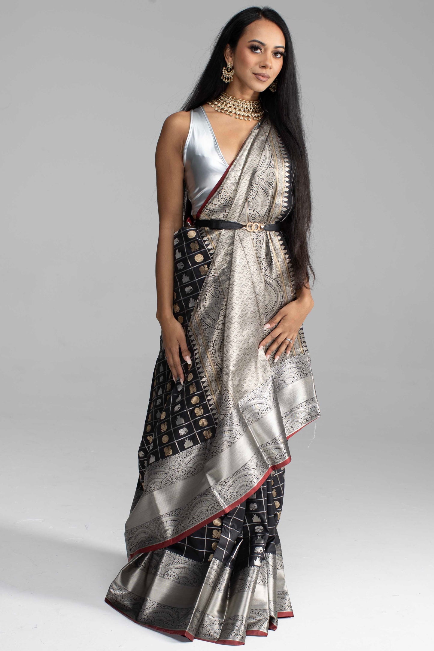 Black Chequered Saree with Silver Border & Maroon Trim