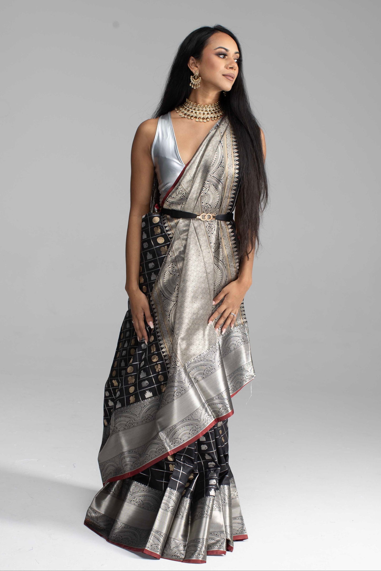 Black Chequered Saree with Silver Border & Maroon Trim