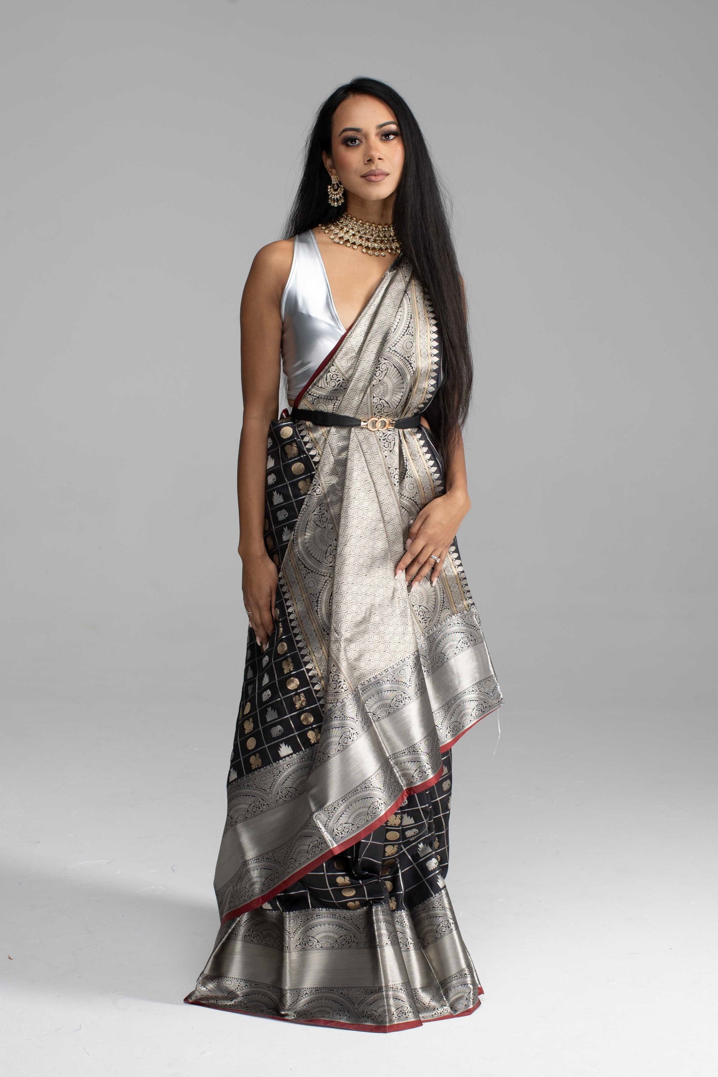 Black Chequered Saree with Silver Border & Maroon Trim