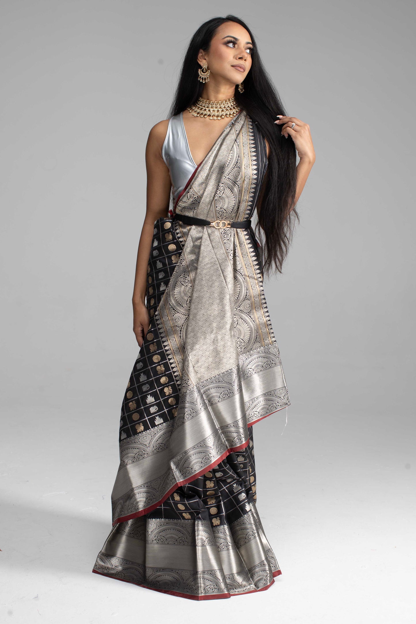Black Chequered Saree with Silver Border & Maroon Trim