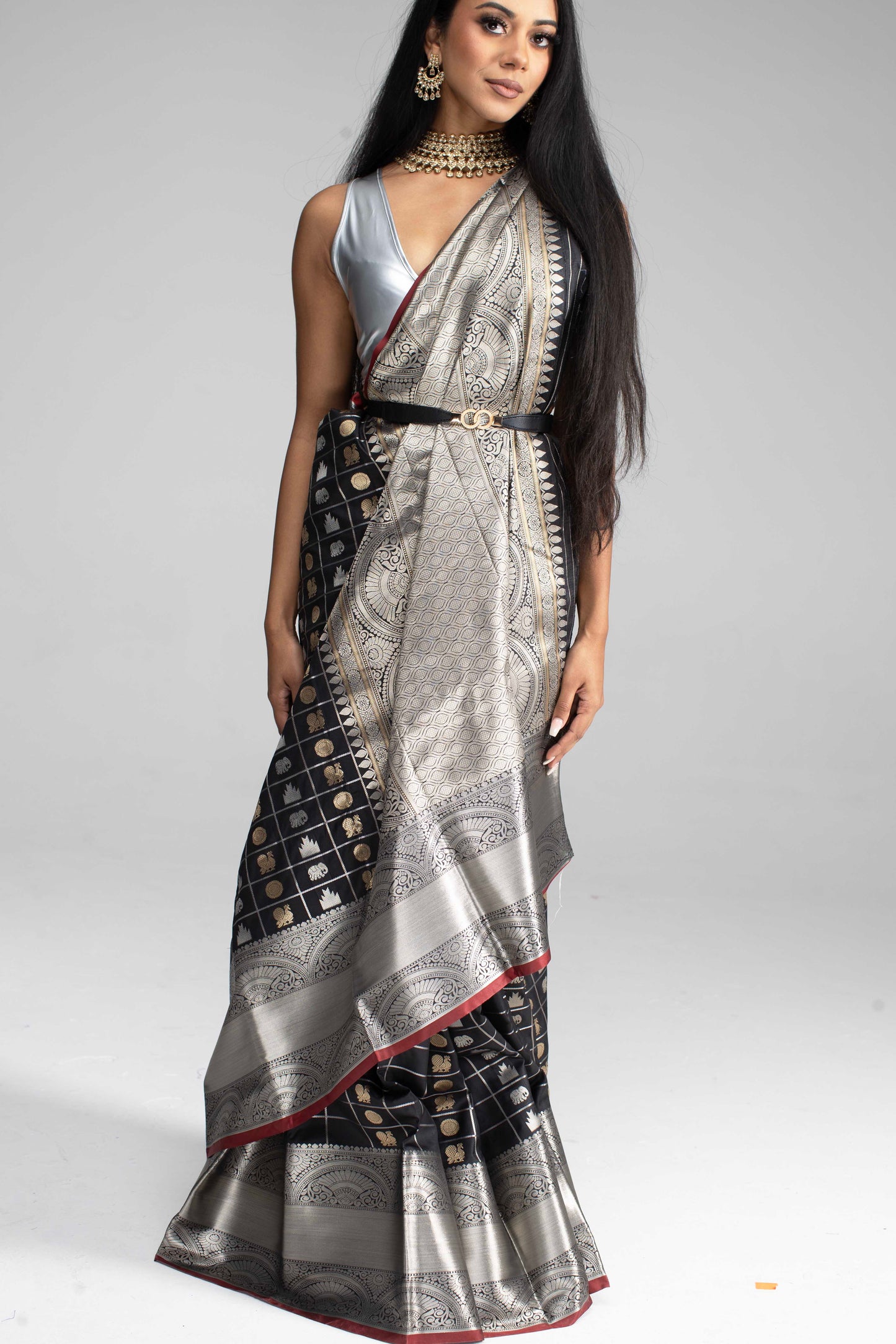 Black Chequered Saree with Silver Border & Maroon Trim