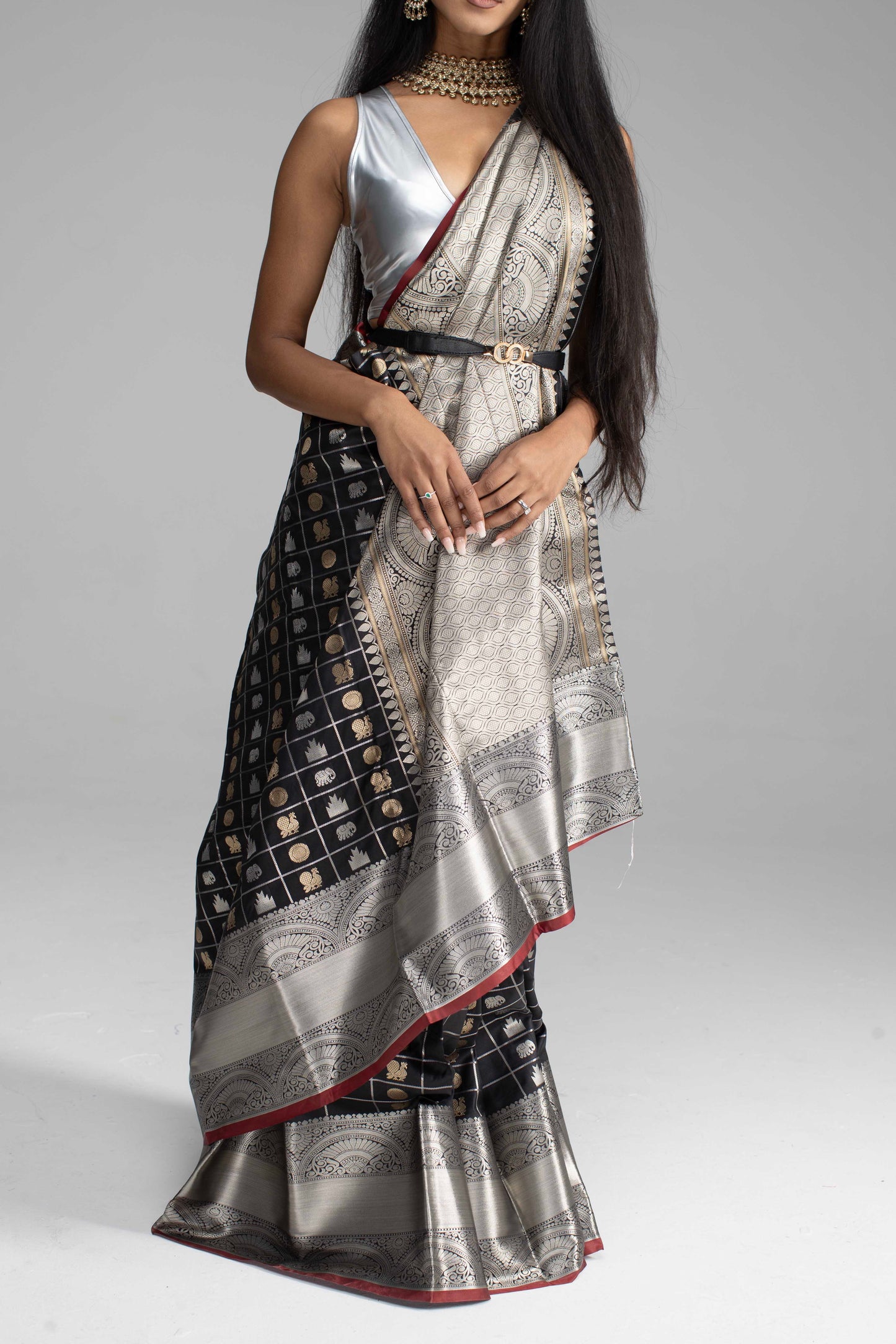 Black Chequered Saree with Silver Border & Maroon Trim