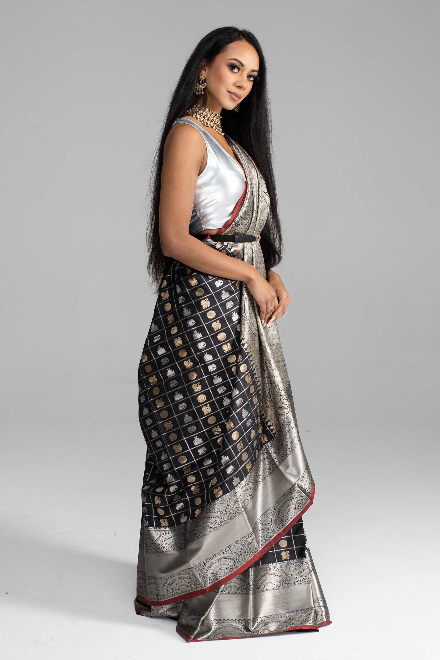 Black Chequered Saree with Silver Border & Maroon Trim