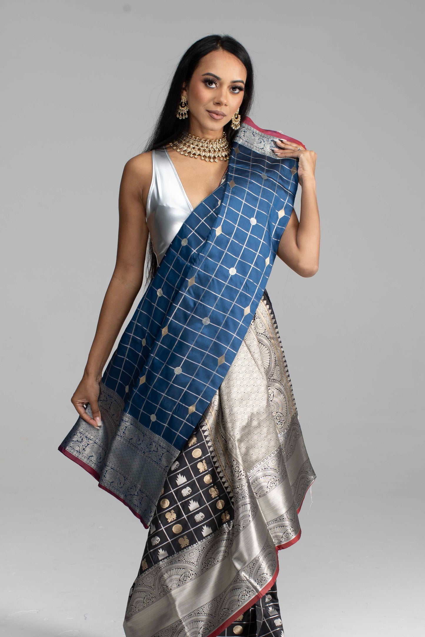 Black Chequered Saree with Silver Border & Maroon Trim