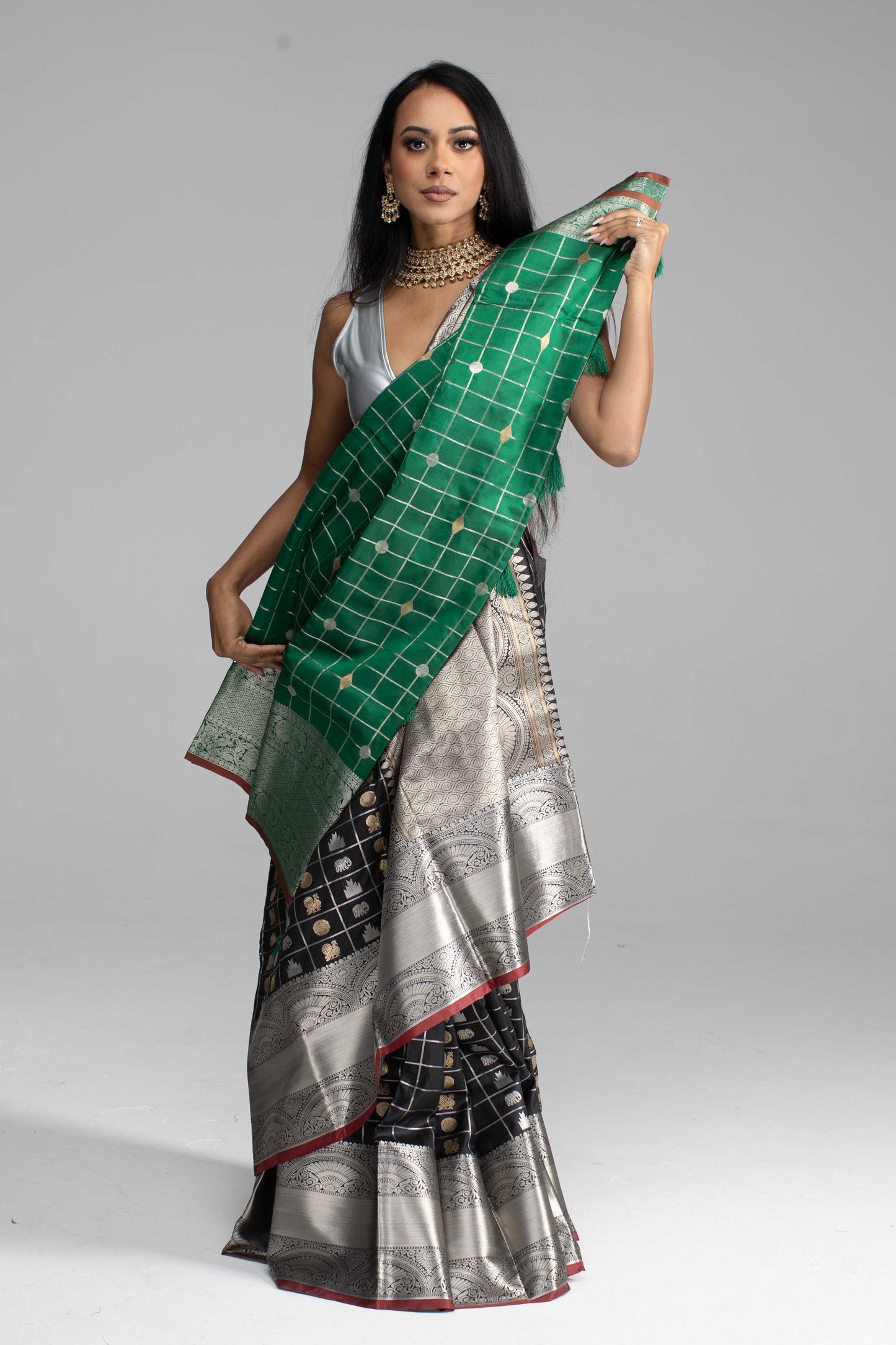 Black Chequered Saree with Silver Border & Maroon Trim