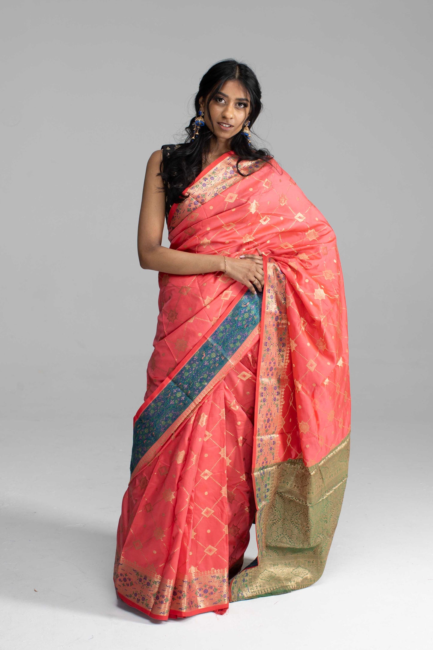 Peach Silk Saree with Floral Zari Work - ON SALE