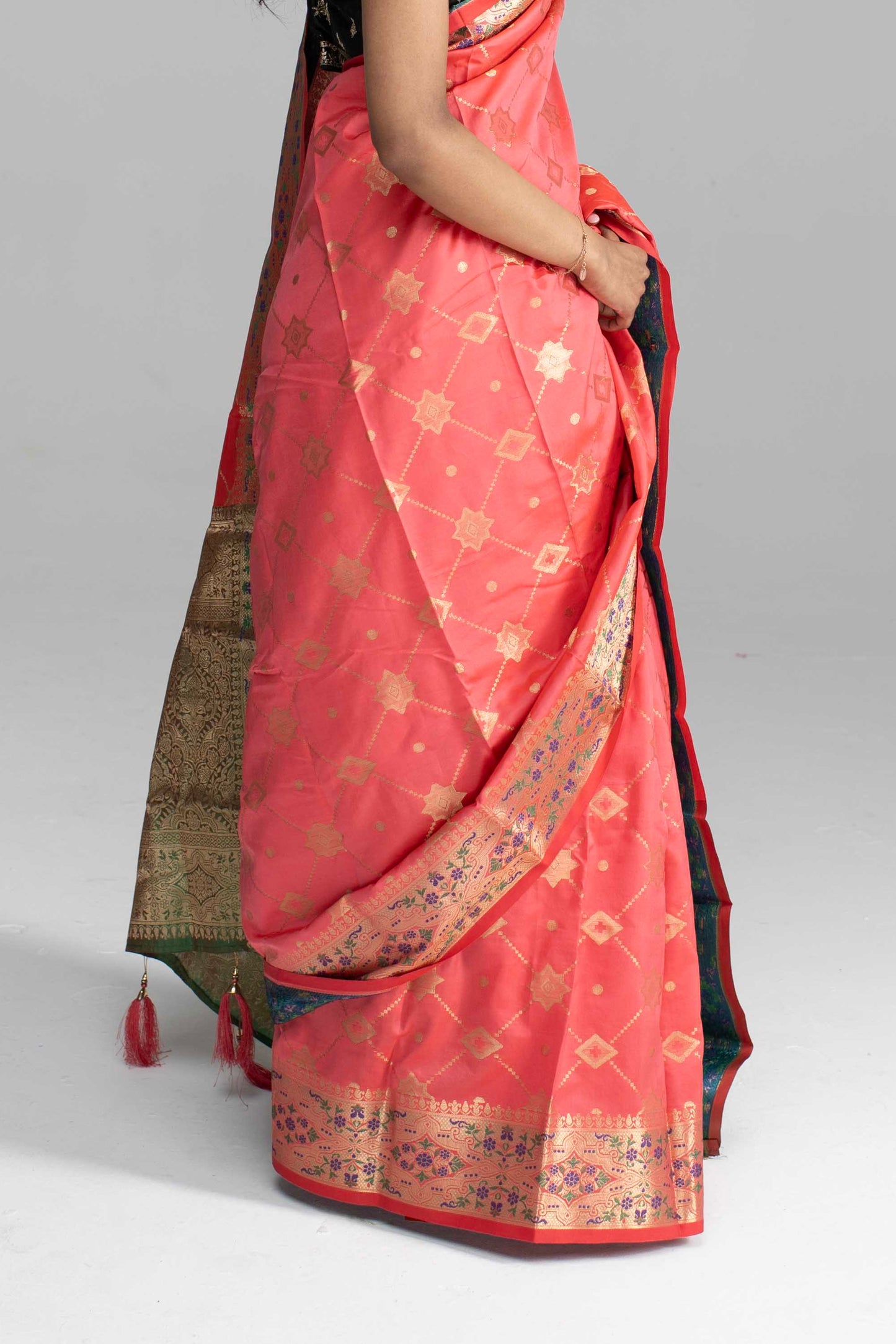 Peach Silk Saree with Floral Zari Work - ON SALE